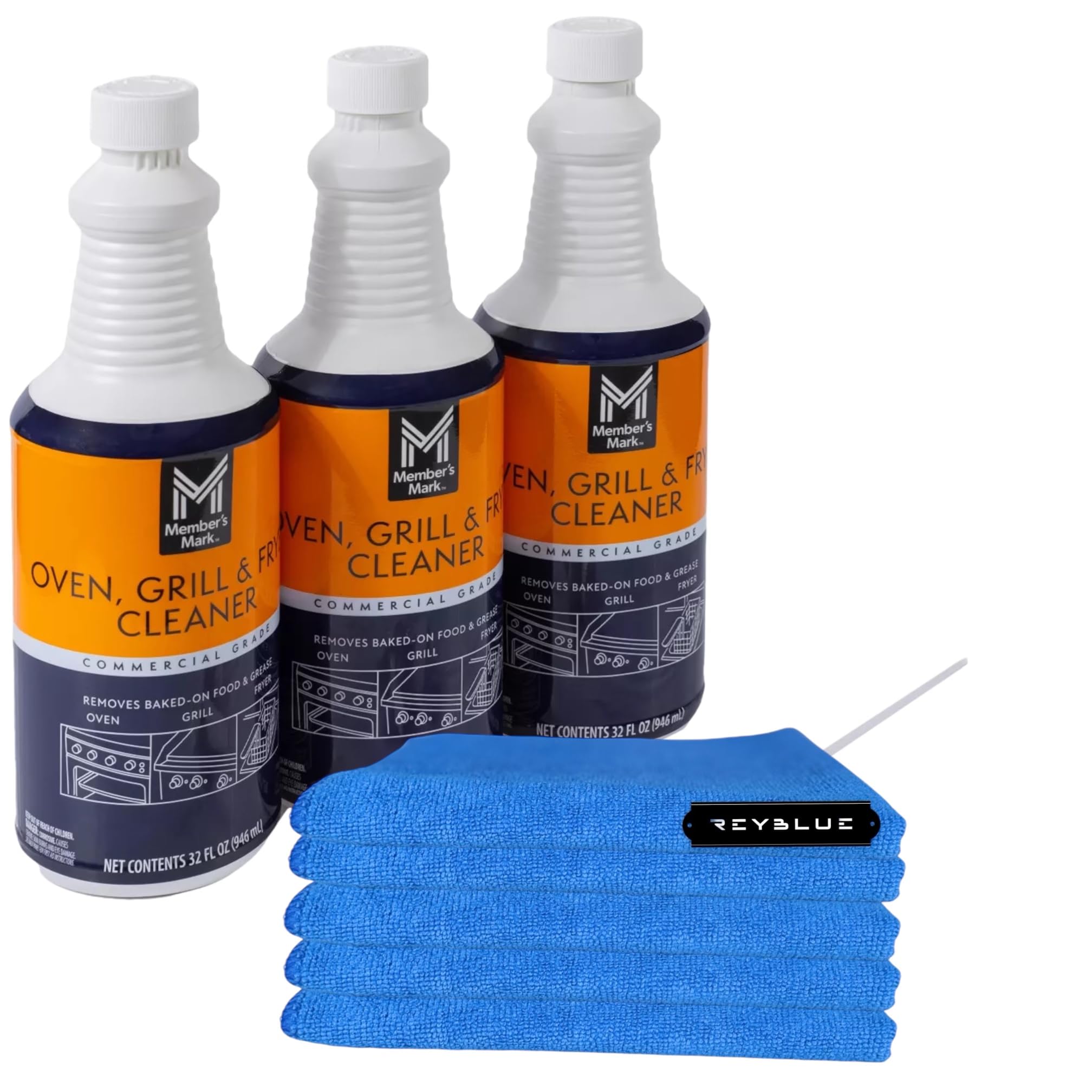 Commercial Oven, Grill and Fryer Cleaner 32 oz (3-Pack) with ReyBlue 5-Pack Premium 16x16 Inch 400 GSM Microfiber Cleaning Cloths - Heavy Duty Degreaser for Restaurant, Kitchen & BBQ Equipment Cleaning