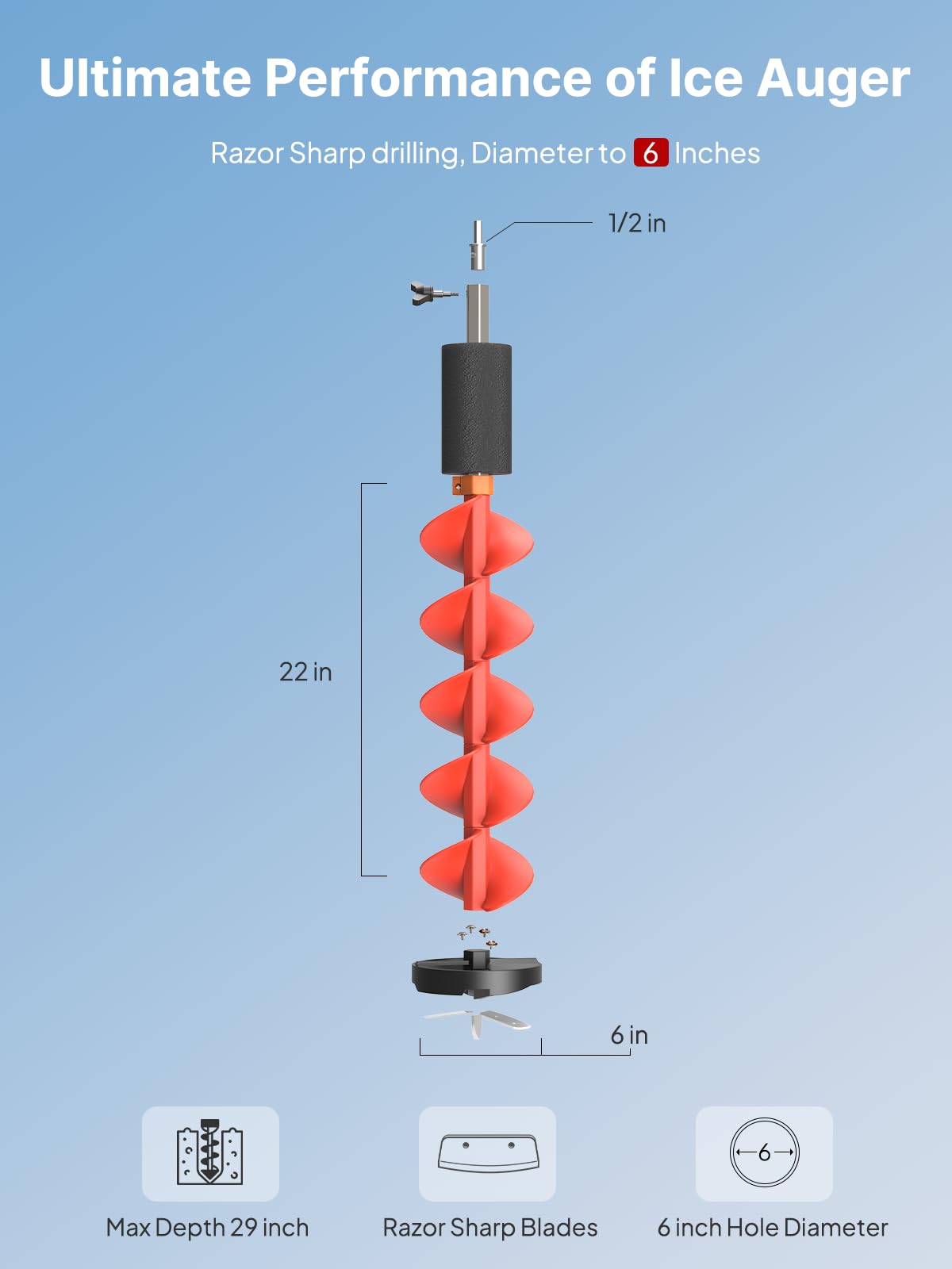 Eyoyo 6-8 Inch Ice Auger Bit with Replacement Blades & Protector - 1/2 Inch Drill Adapter for Ice Fishing - Durable Nylon Auger for Winter Fishing & Outdoor Adventures