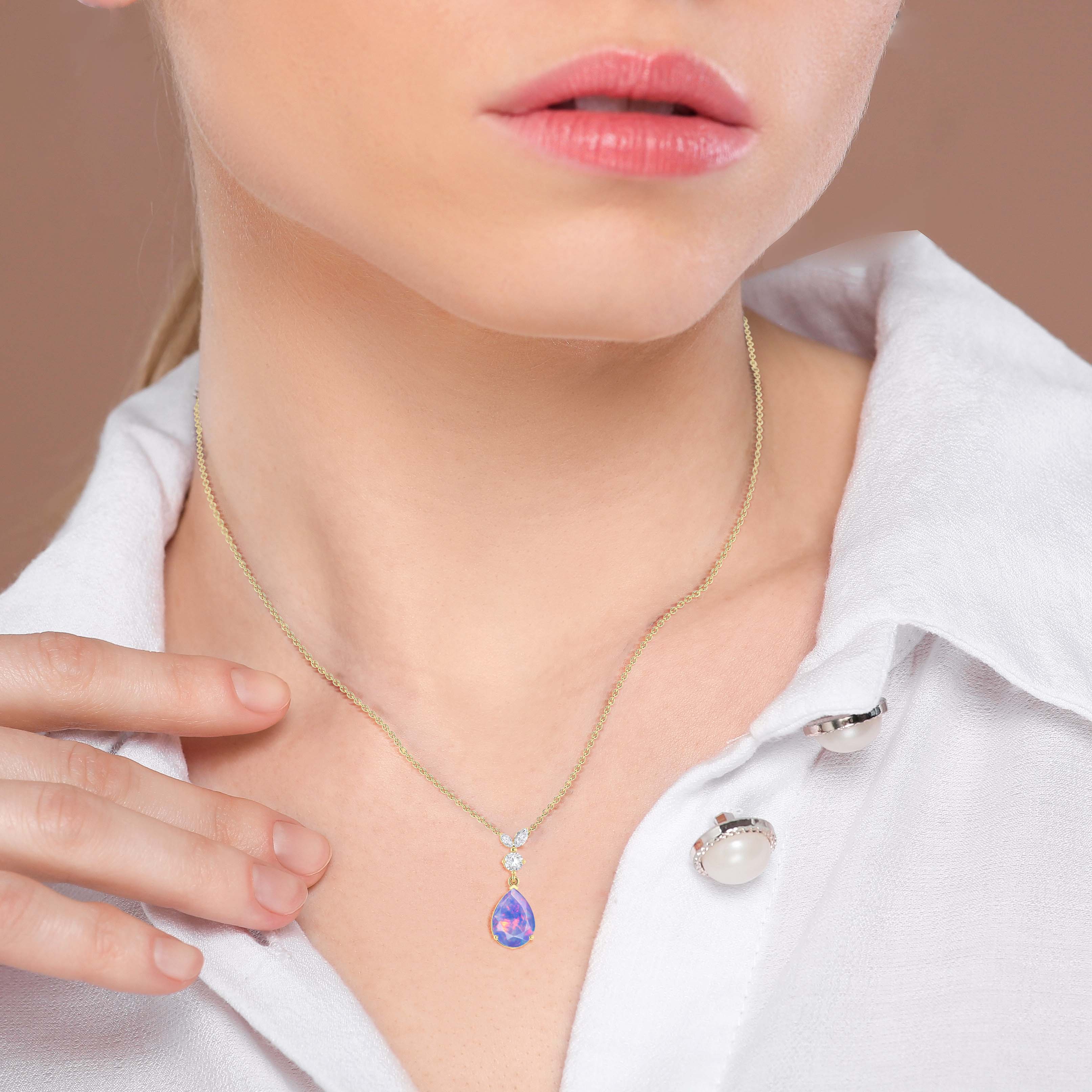 Fire Lavender Opal Pear Gemstone Pendant Necklace - Elegant Handmade Jewelry for Women, Gift for Her - Perfect for Weddings, Parties & Special Occasions