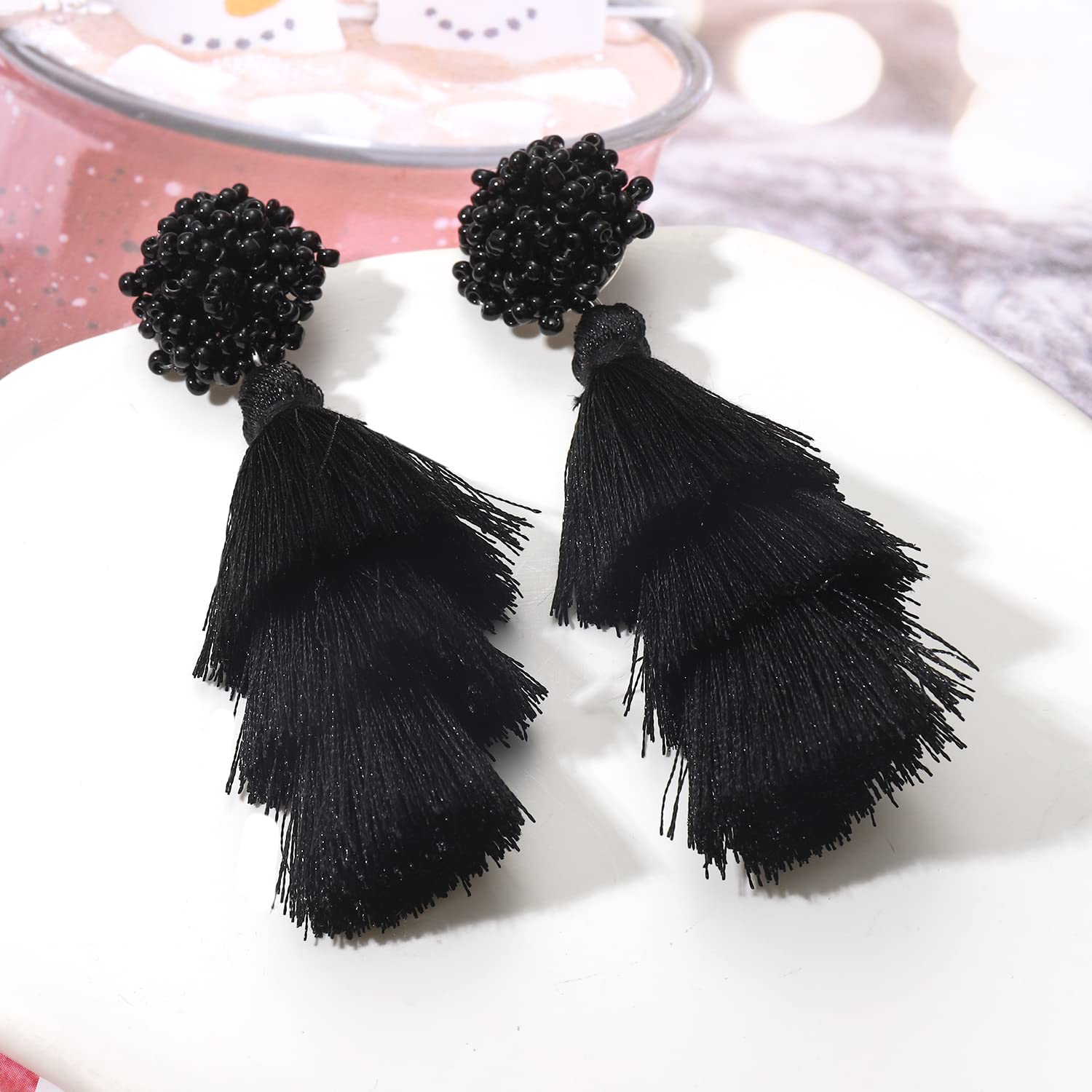 Bohemian Layered Tassel Earrings for Women - Lightweight Colorful Beaded Fringe Drop Dangle Statement Stud Earrings | Perfect for Festivals, Parties and Everyday Wear