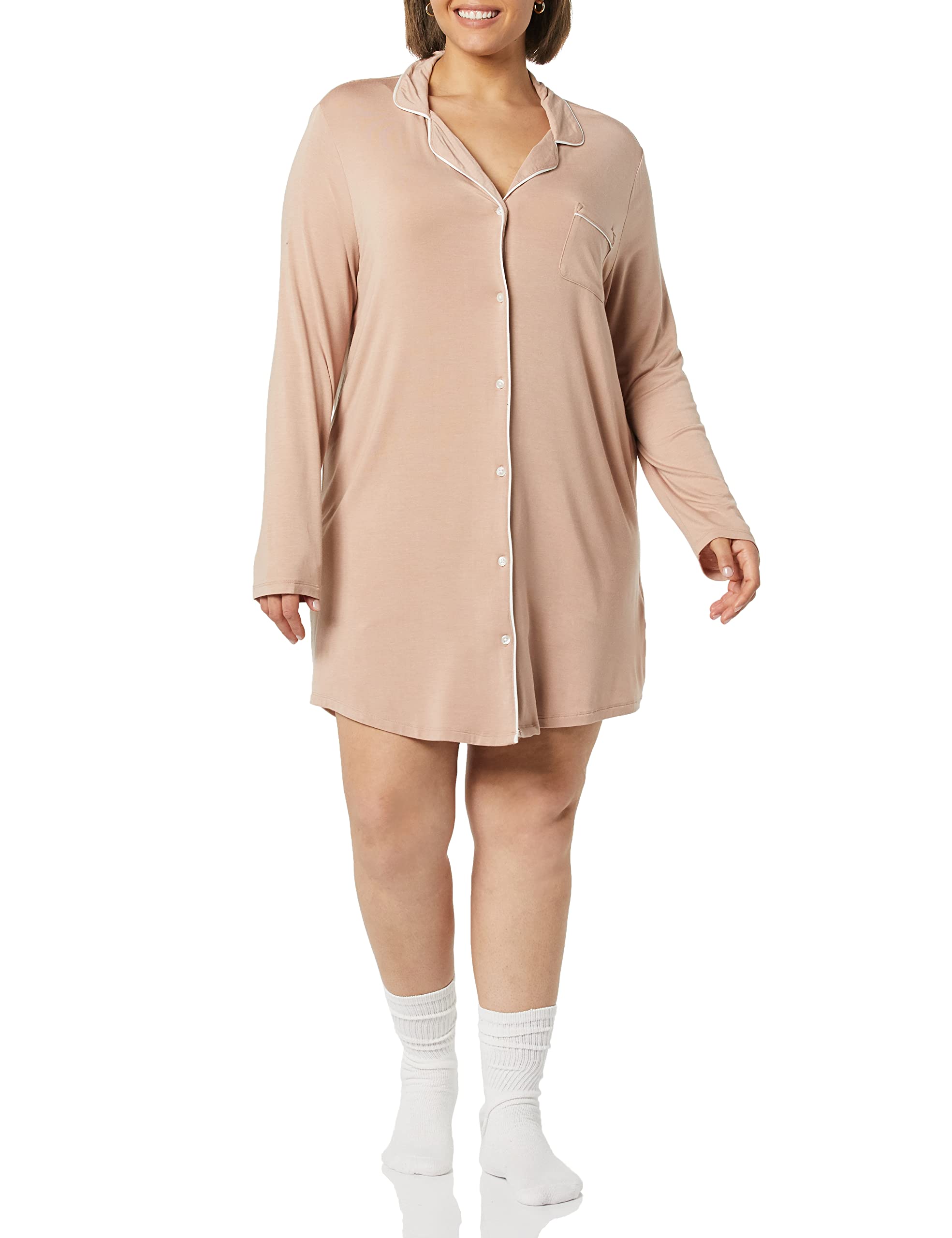Amazon Essentials Women's Piped Nightshirt - Soft Cotton Sleepwear for Women & Plus Size (Perfect for Relaxing at Home, Lounging & Comfortable Sleep)