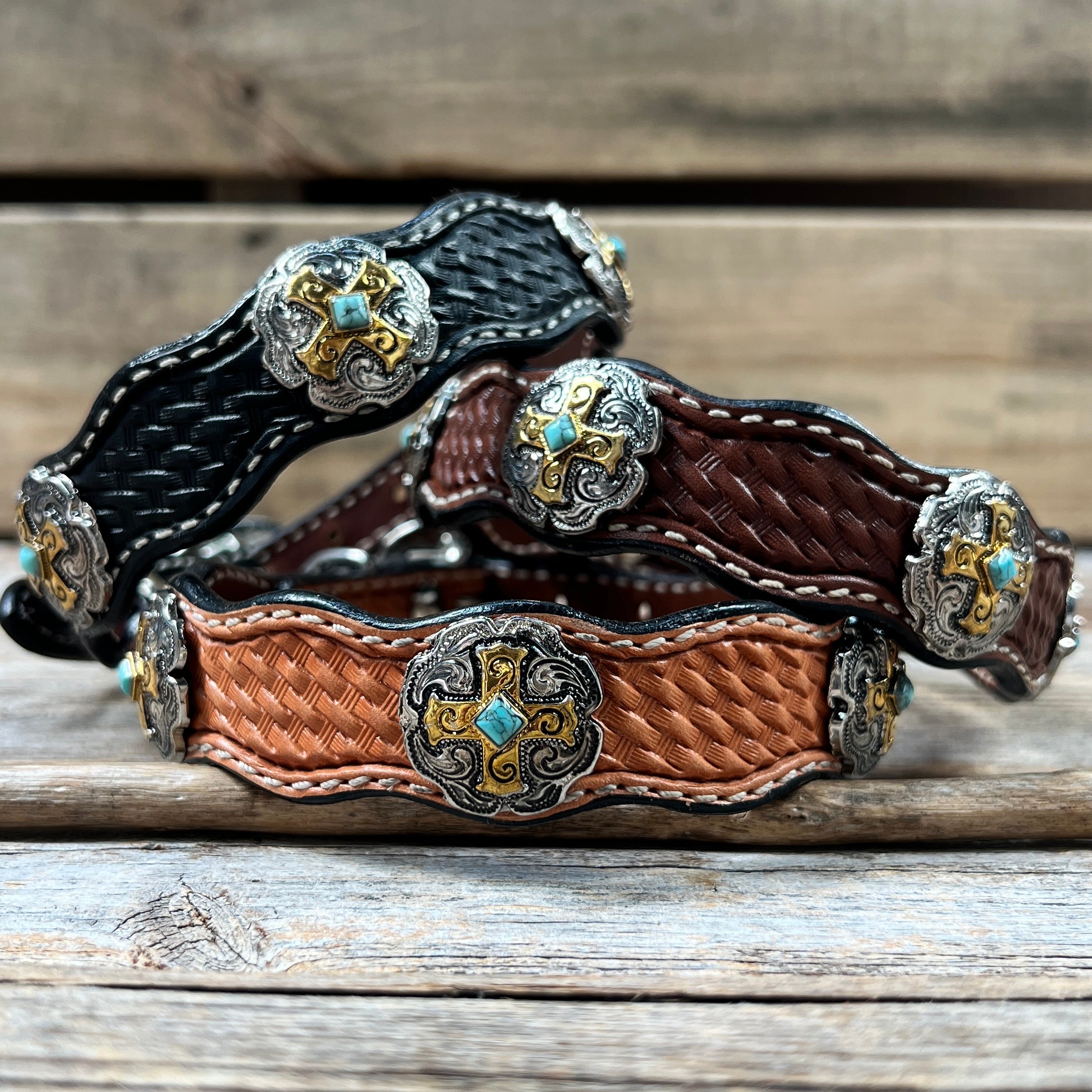 Premium Genuine Leather Dog Collar with Gold Cross Conchos - Adjustable Size 10-22 Inches (W189S DC63) - Perfect for Small to Medium Dogs, Training & Fashion Accessory
