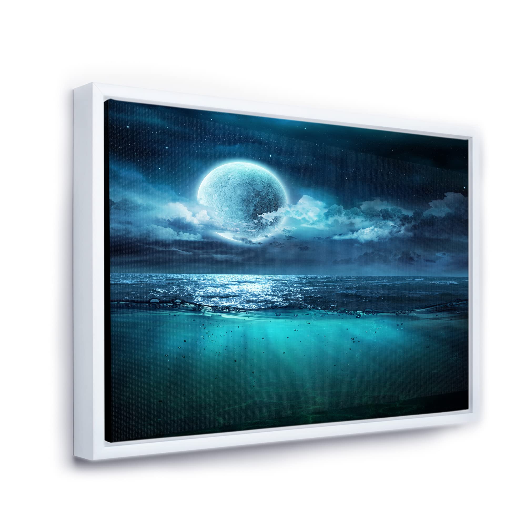DesignQ Romantic Moon Over Deep Blue Sea II - Coastal Framed Canvas Wall Art Print for Living Room, Bedroom & Office Decor | Nautical Home Decor | Ready to Hang