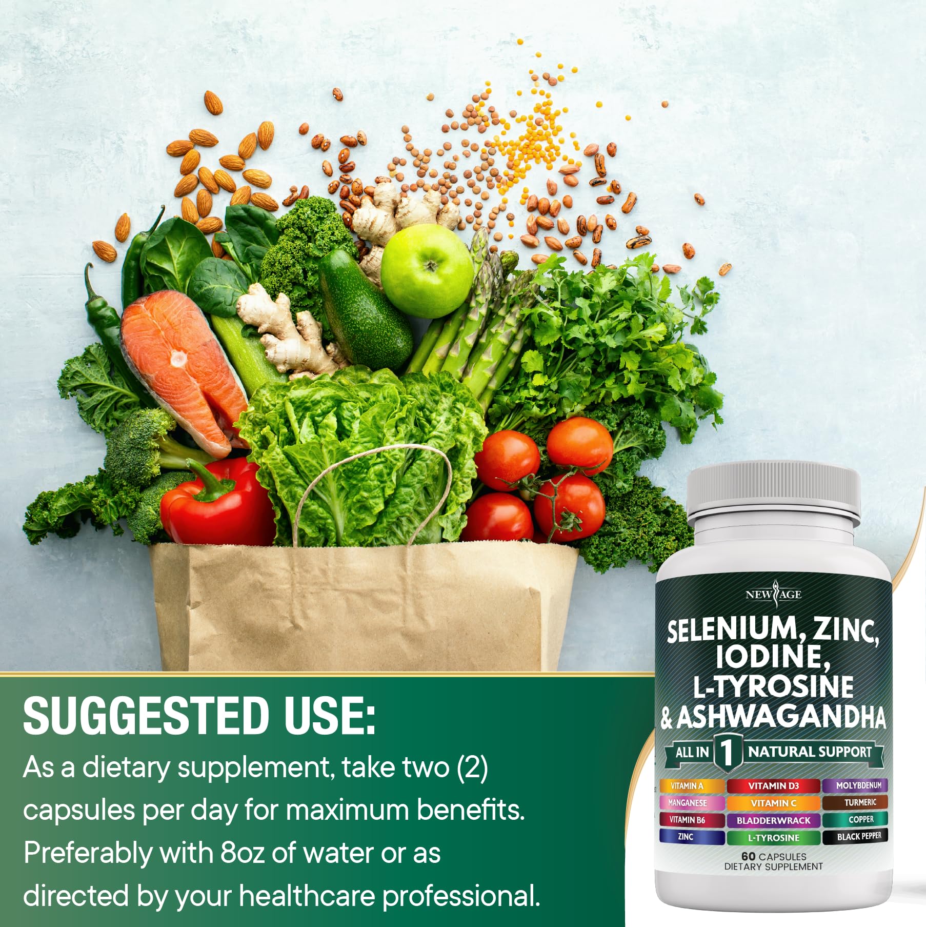 Thyroid Support Supplement with Selenium, Zinc, Iodine, L-Tyrosine & Ashwagandha - Bladderwrack, Turmeric, Silica Kelp & Schisandra for Men & Women - 60 Capsules - Boost Energy & Metabolism for Active Lifestyles