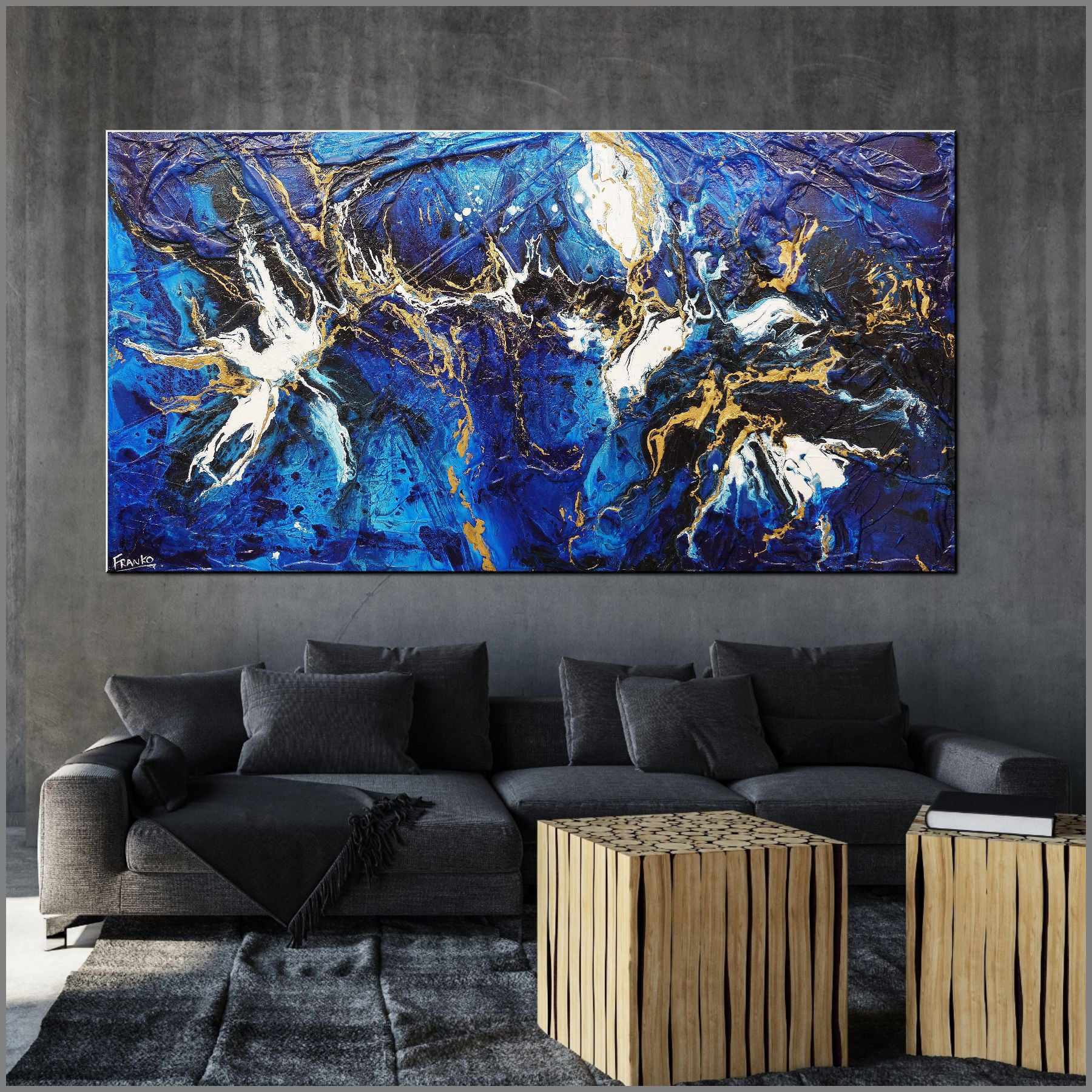 Golden Blu 190cm x 100cm Blue Gold Textured Abstract Canvas Art - Modern Wall Decor for Living Room, Bedroom & Office