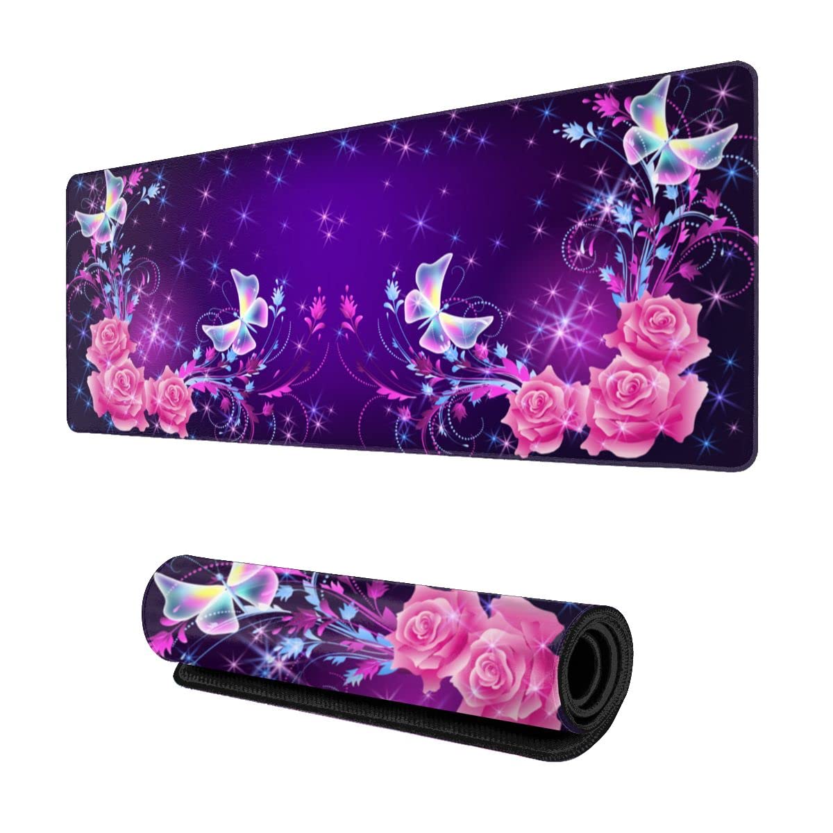 Premium Large Gaming Mouse Pad with Stitched Edges - XXL Non-Slip Rubber Base Desk Mat for PC, Laptop & Office - Waterproof Keyboard Protector & Writing Surface - Perfect for Gaming, Work & Home Office (Butterflies & Pink Roses Design)