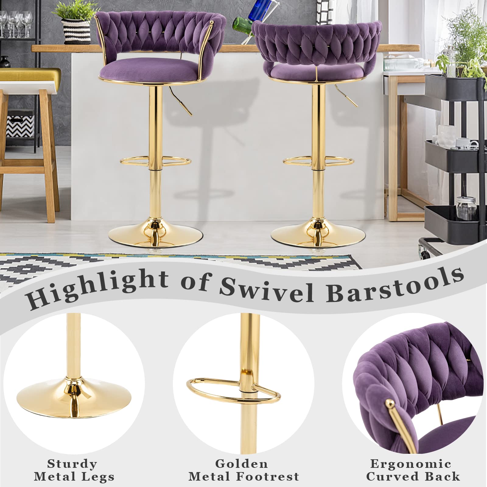 RXR Velvet Bar Stools Set of 2 - Adjustable Height 360° Swivel Stools with Golden Footrest for Kitchen, Pub & Café (Purple) | Perfect for Entertaining, Dining & Small Spaces