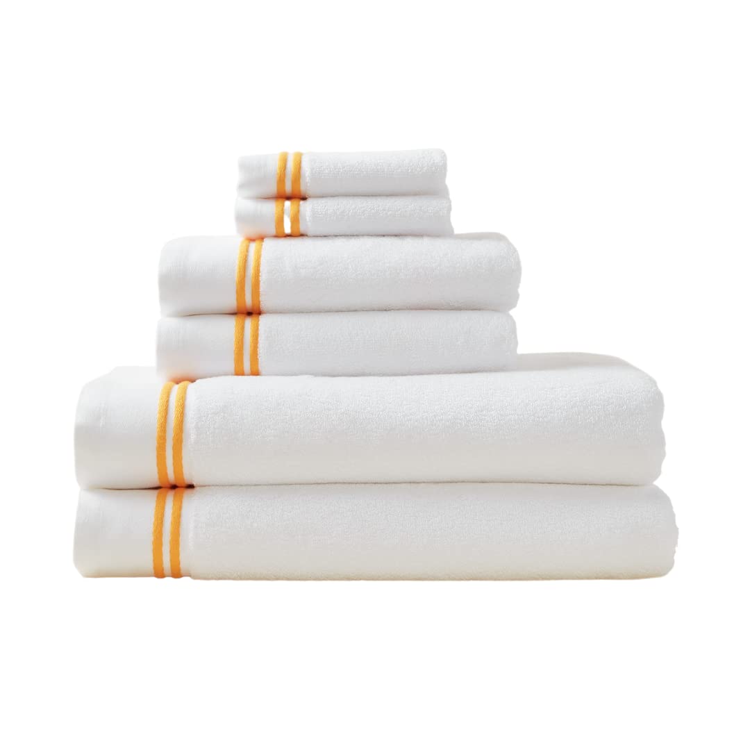 Premium 6-Piece Egyptian Cotton Towel Set - 2 Bath Towels, 2 Hand Towels & 2 Washcloths - Ultra Soft 700 GSM Luxury Bath Towels - Highly Absorbent Cotton Bathroom Towels (White with Double Yellow Stripe) - Perfect for Spa, Hotel & Home Bathroom Use