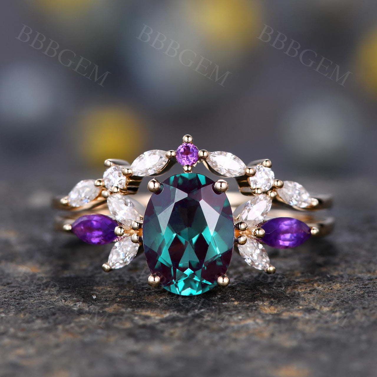 1.5 Carat Vintage Alexandrite Engagement Ring Set with Oval Cut & Matching Curved Wedding Band - Perfect for Proposals, Anniversaries & Special Occasions