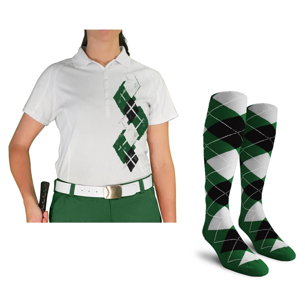 Dry Fit Short Sleeve Graphic Golf Polo Shirt with Socks for Women - Breathable Moisture-Wicking Performance Top & Comfortable Socks Set - Argyle Paradise Design (Sizes 5A-5Z) | Perfect for Golf, Tennis, Casual Wear & Outdoor Activities