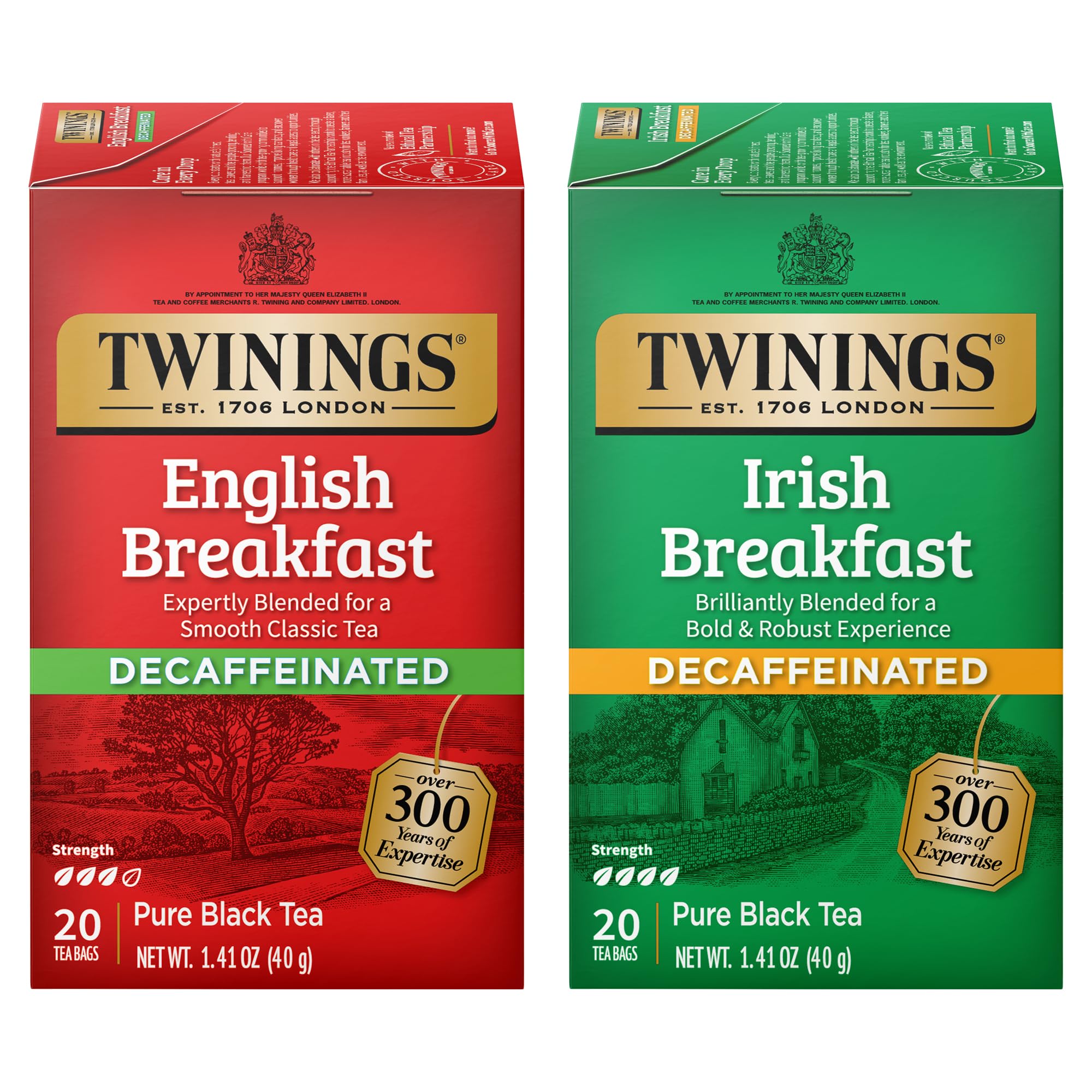 Twinings Decaf English Breakfast & Irish Breakfast Black Tea Bags - 20 Count Each (Pack of 6) - Caffeine-Free Morning Tea for Relaxation & Comfort - Perfect for Evening Tea Time or Before Bed