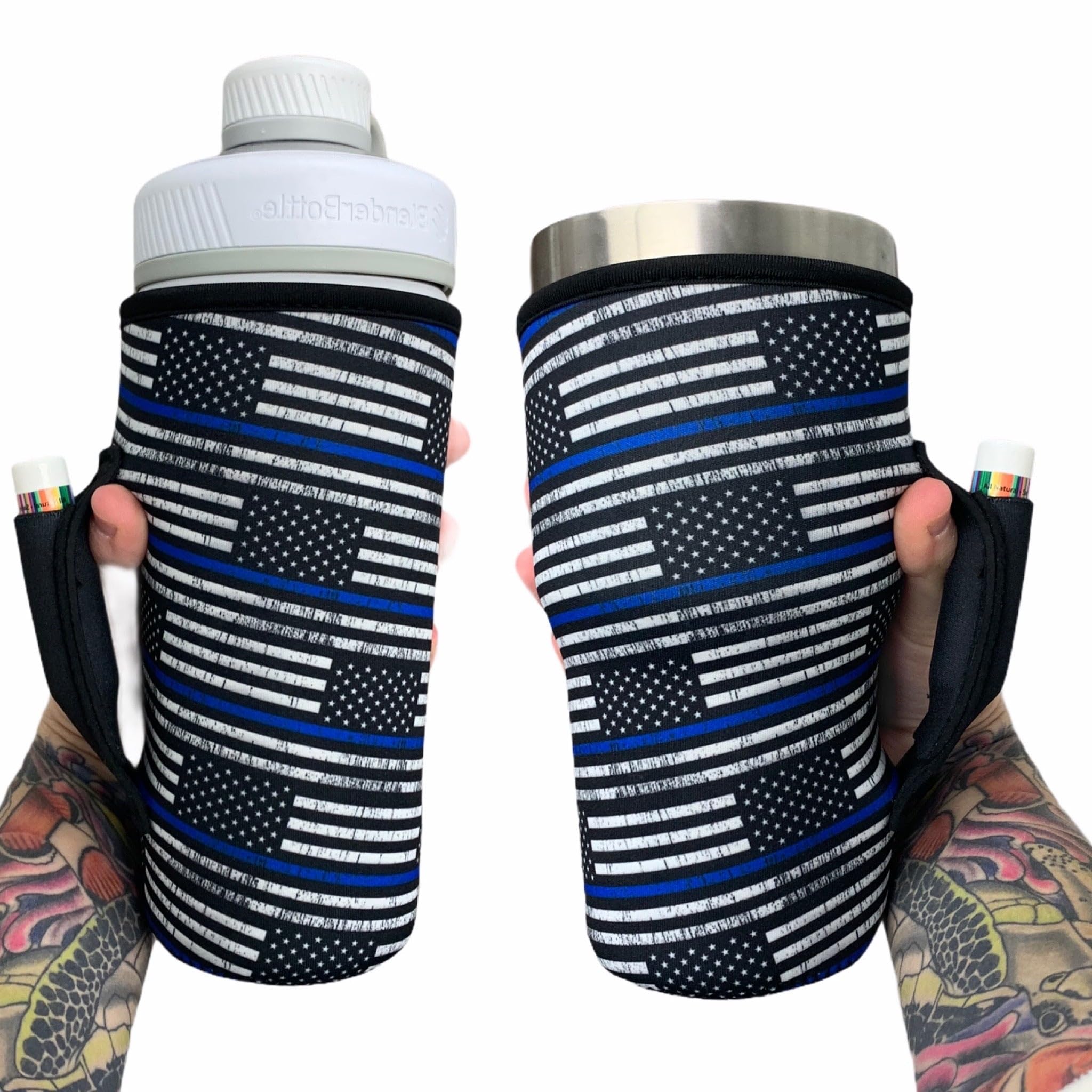 Lit Handlers Tumbler Sleeve with Handle - 30-38oz Neoprene Cup Cover & Insulated Drink Holder with Pocket - Waterproof Beverage Insulator for Beer, Cans & Shaker Bottles - Perfect for Beach, Pool, Gym & Outdoor Activities (Back the Blue Support)