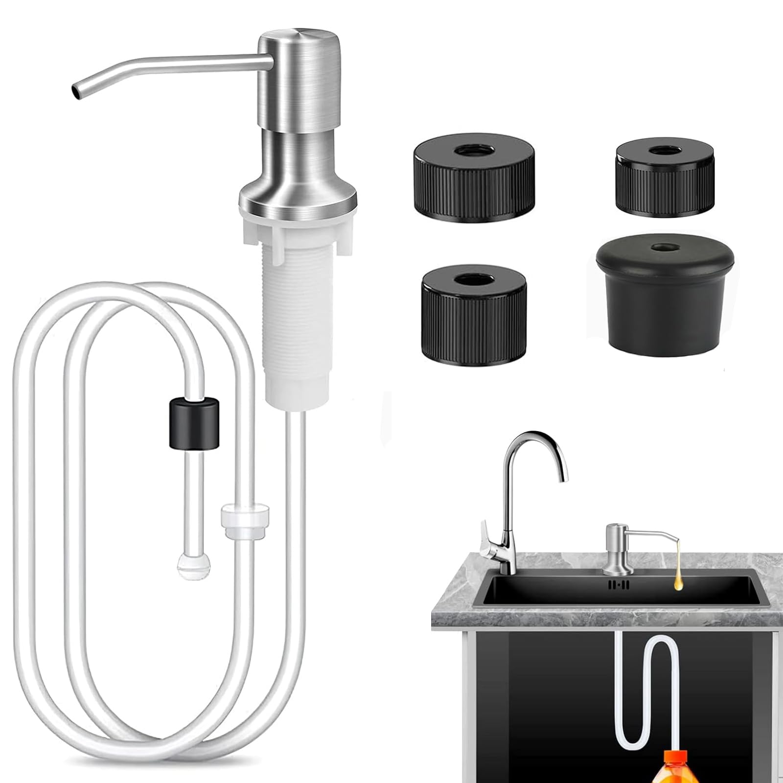 LQUCWEPP 41.3 Inch Kitchen Sink Soap Dispenser with Extension Tube Kit & Check Valve - 5pcs Bottle Cap - No Refill Needed for Kitchen, Bathroom Countertop - Perfect for Home, Restaurant, and Office Use