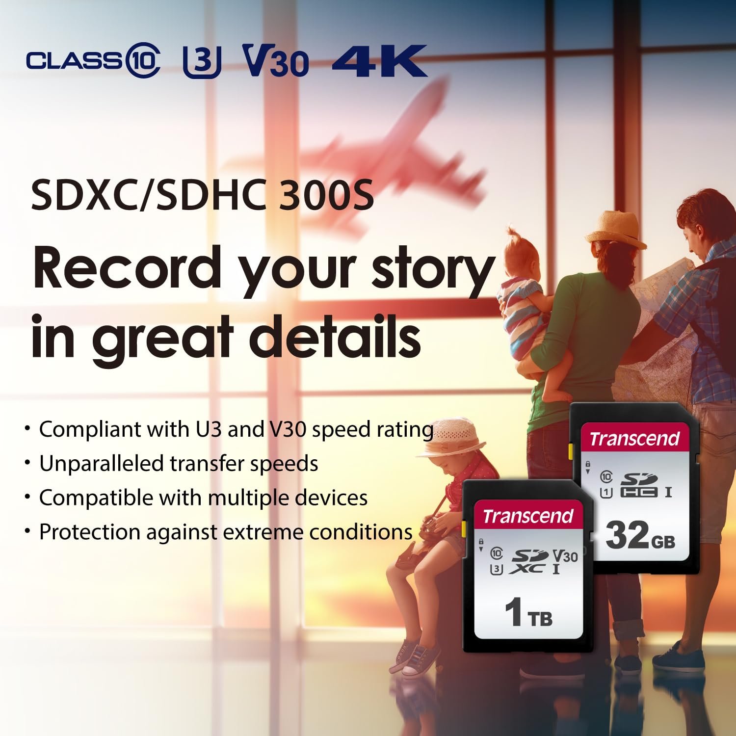Transcend 128GB SDXC 300S UHS-I Memory Card - C10, U3, V30, 95MB/s Read, 40MB/s Write - 4K & Full HD Compatible - Perfect for Digital Cameras, DSLRs, Drones & Action Cameras - High-Speed Performance for Photography & Videography