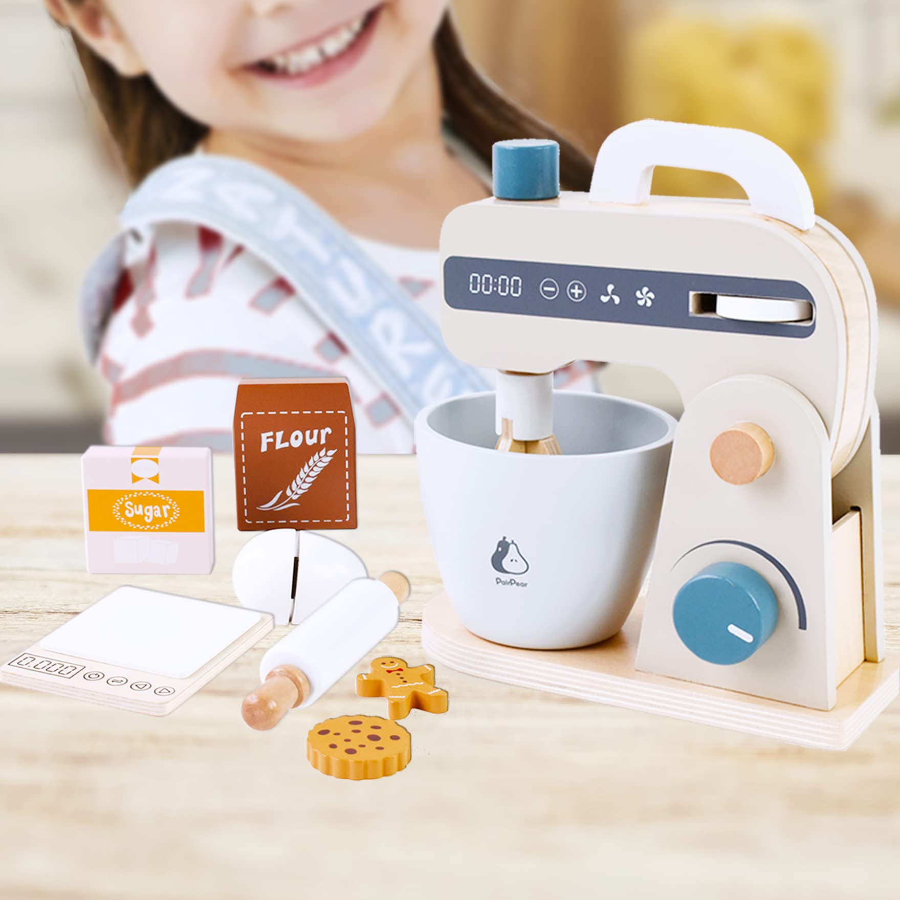 PairPear Wooden Play Food Stand Mixer - Pretend Bake Cookies Playset, Multi-Function Toy Kitchen Accessories for Kids Ages 3+ - Perfect for Role Play & Early Learning Activities