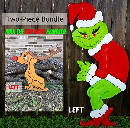 Handmade Wooden Max the Red-Nosed Reindeer Christmas Yard Art Decor - 2 Piece Bundle for Holiday Outdoor Decoration & Festive Home Decor