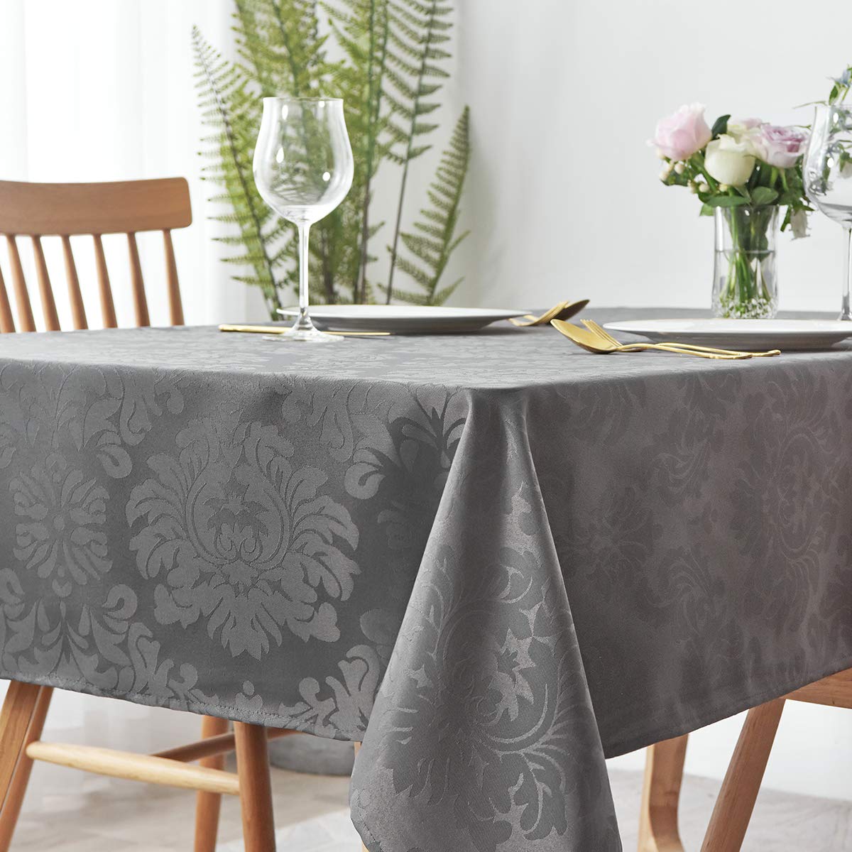 Premium Jacquard Tablecloth - Spillproof & Wrinkle Resistant Heavyweight Damask Pattern Table Cover for Kitchen, Dining, Restaurant - 52x70 Inch Charcoal Gray - Perfect for Indoor Dinner Parties & Outdoor Picnics