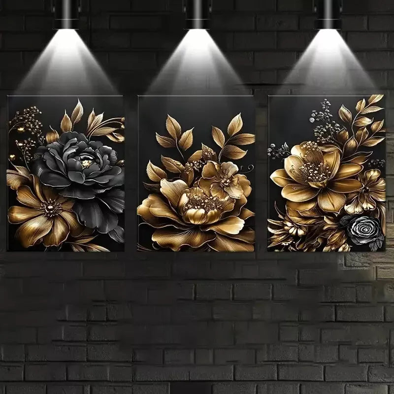 3-Piece Golden and Black Floral Art Canvas Set - Framed Wall Decor 50x70cm - High Quality Print - Australian Made - Ready to Hang - Perfect for Living Room, Bedroom & Office Decor