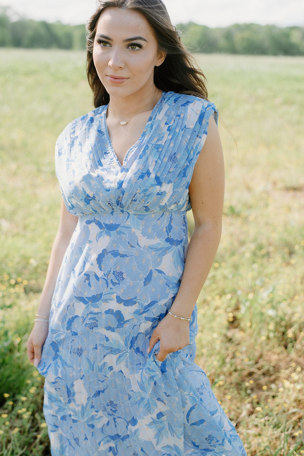 Elegant Blue & Gold Pleated Midi Dress for Women - Perfect for Cocktail Parties, Weddings & Special Occasions
