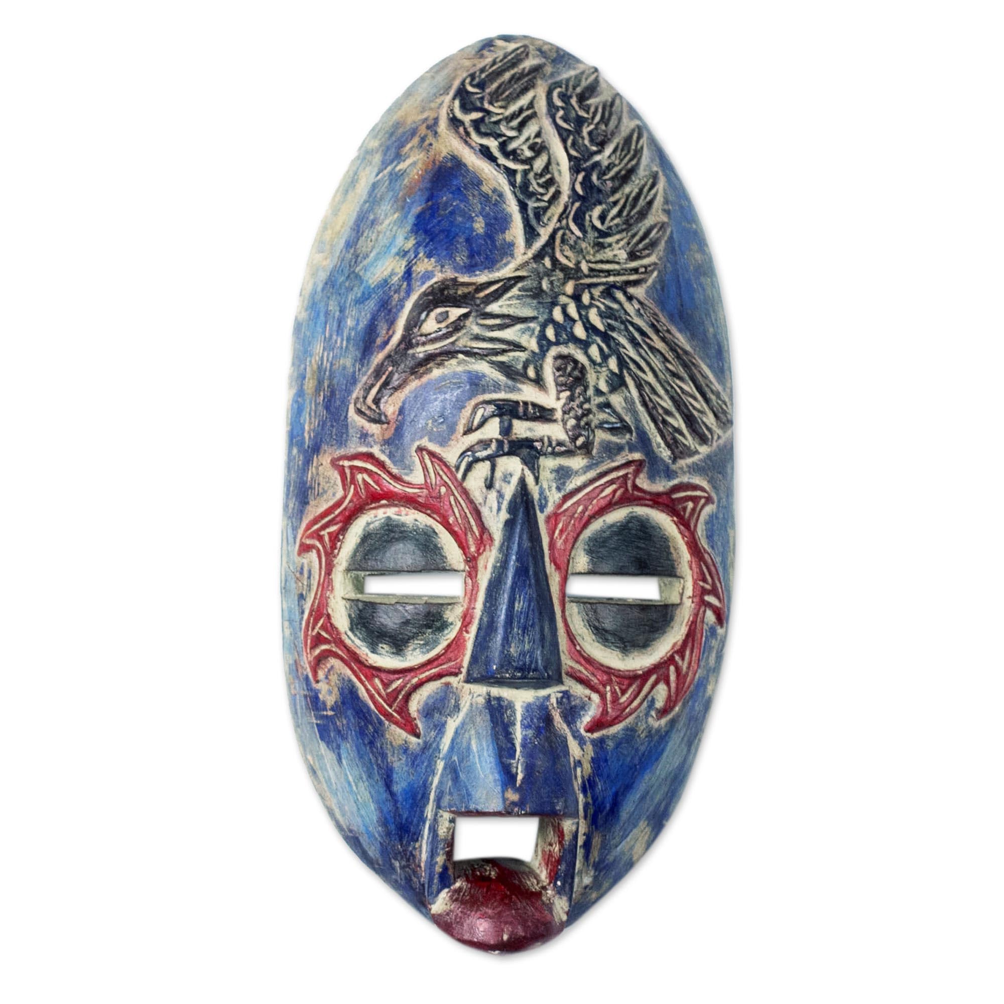 Handmade African Wood Mask 'Nyaakoa Bird' - Authentic Ghanaian Sese Wood Carving, Blue Tribal Wall Art Decor for Home & Office