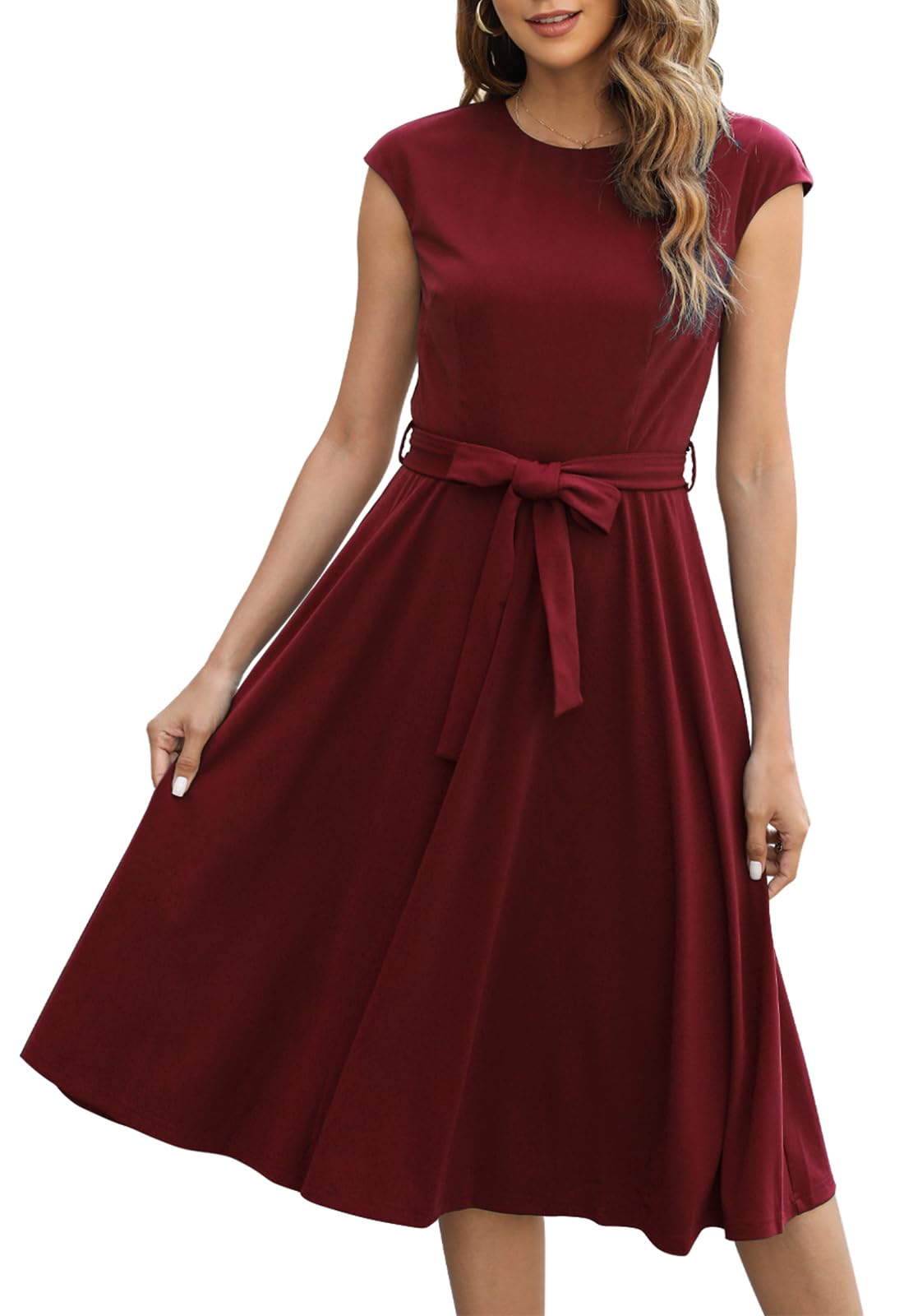 Elegant Women's Cap Sleeve Fit & Flare Cocktail Dress with Belt - Summer Midi Dress for Parties, Weddings & Office Wear MY227