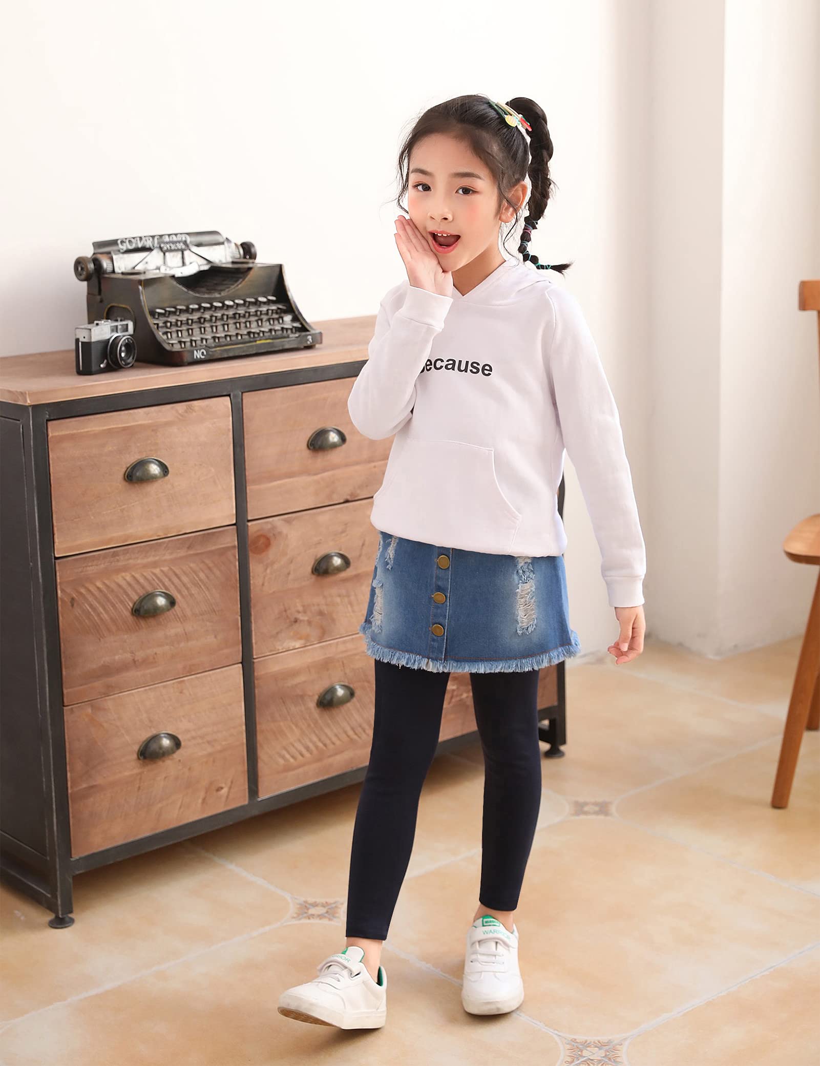 Kiench Girls' Denim Skirt Leggings - Soft Stretchy Footless Tights with Attached Skirt for School, Play & Everyday Wear