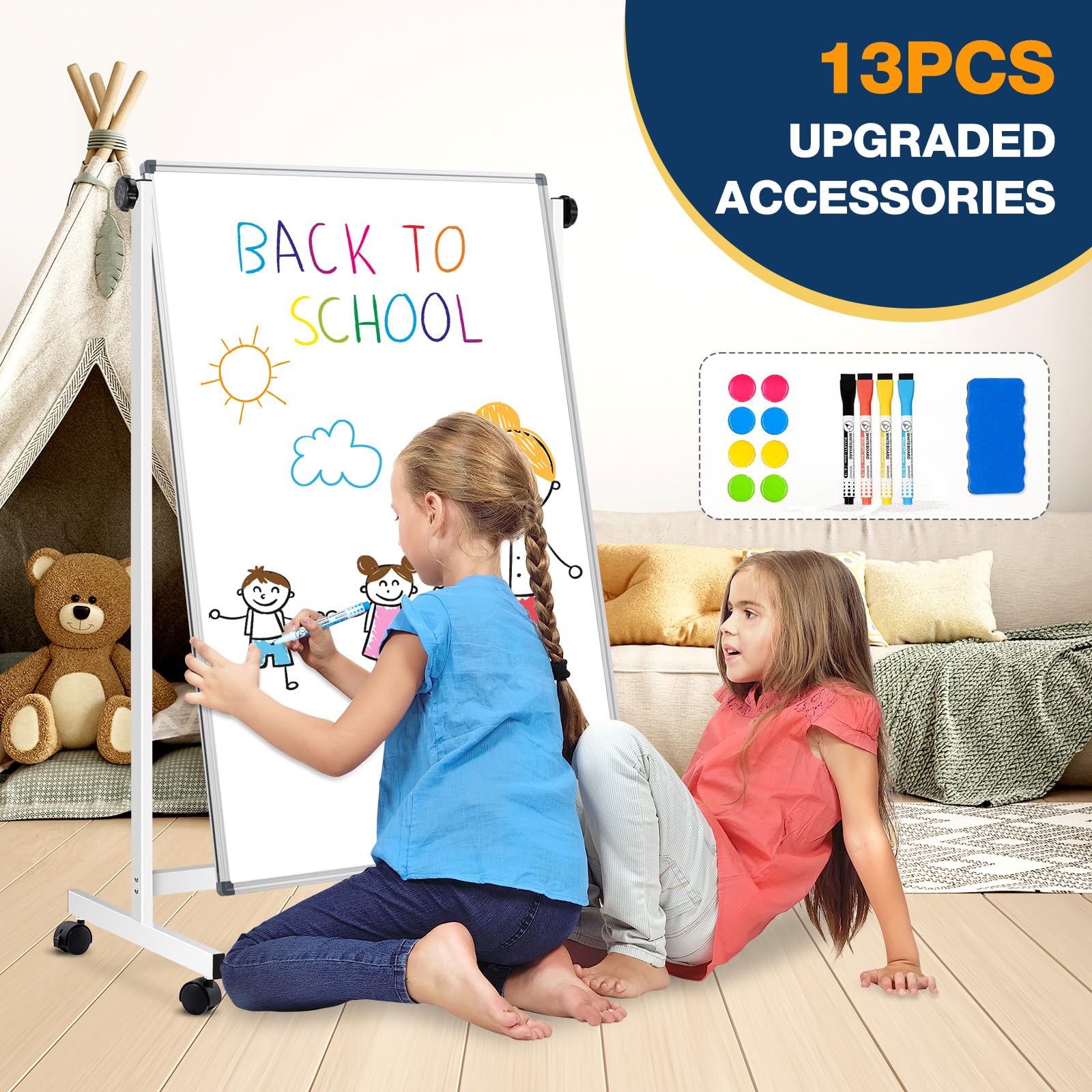 WALGLASS 24x40 Inch Double-Sided Magnetic Whiteboard with Stand - Mobile Rolling Dry Erase Board for Classroom, Office & Home - Perfect for Presentations, Teaching, Brainstorming & Home Organization