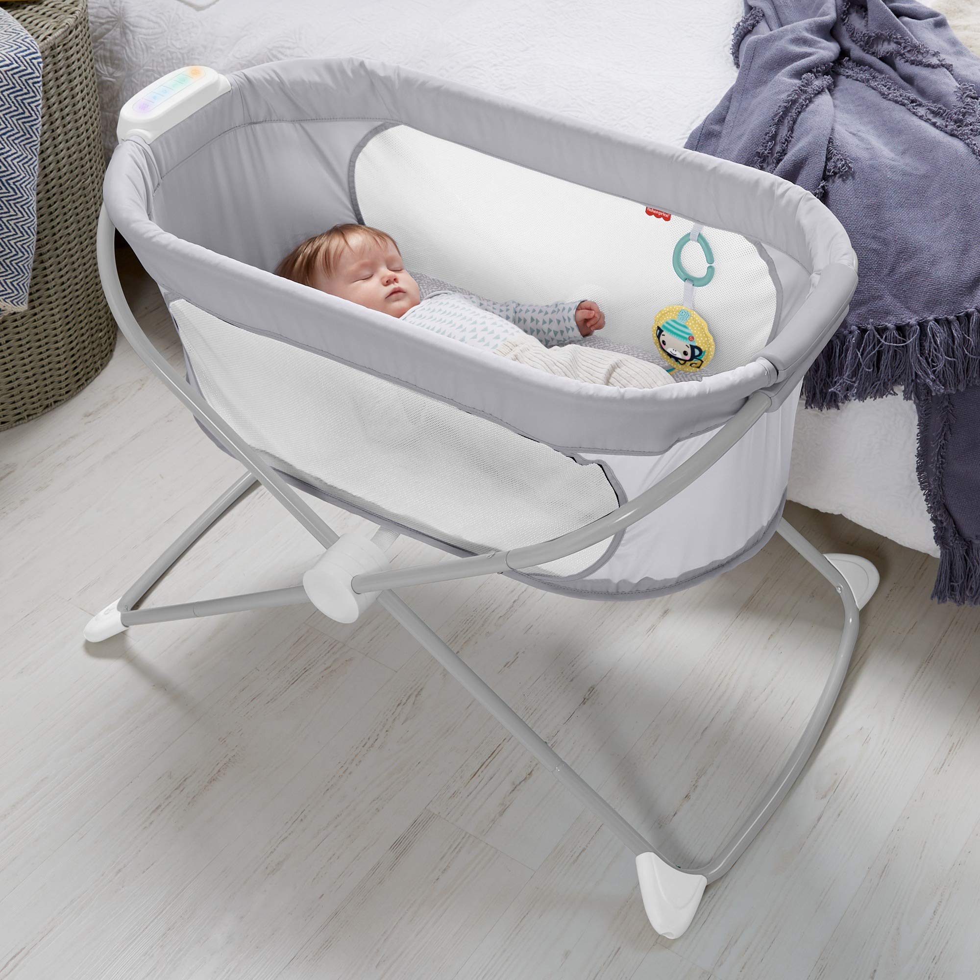 Fisher-Price Portable Baby Crib with Soothing Vibration & Music - Slim Fold Travel Bassinet for Newborns 0+ Months | Hearthstone Design | Perfect for Nursery, Bedroom & On-the-Go Parenting
