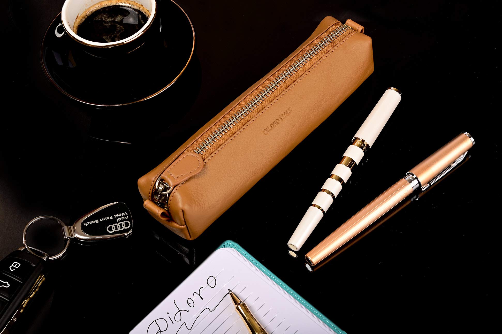 Premium Genuine Full Grain Soft Nappa Leather Pen Case Holder - Zippered Pouch for Fountain, Ballpoint, Rollerball Pens & Pencils (Tan) - Perfect for Office, School, Travel & Gift Giving