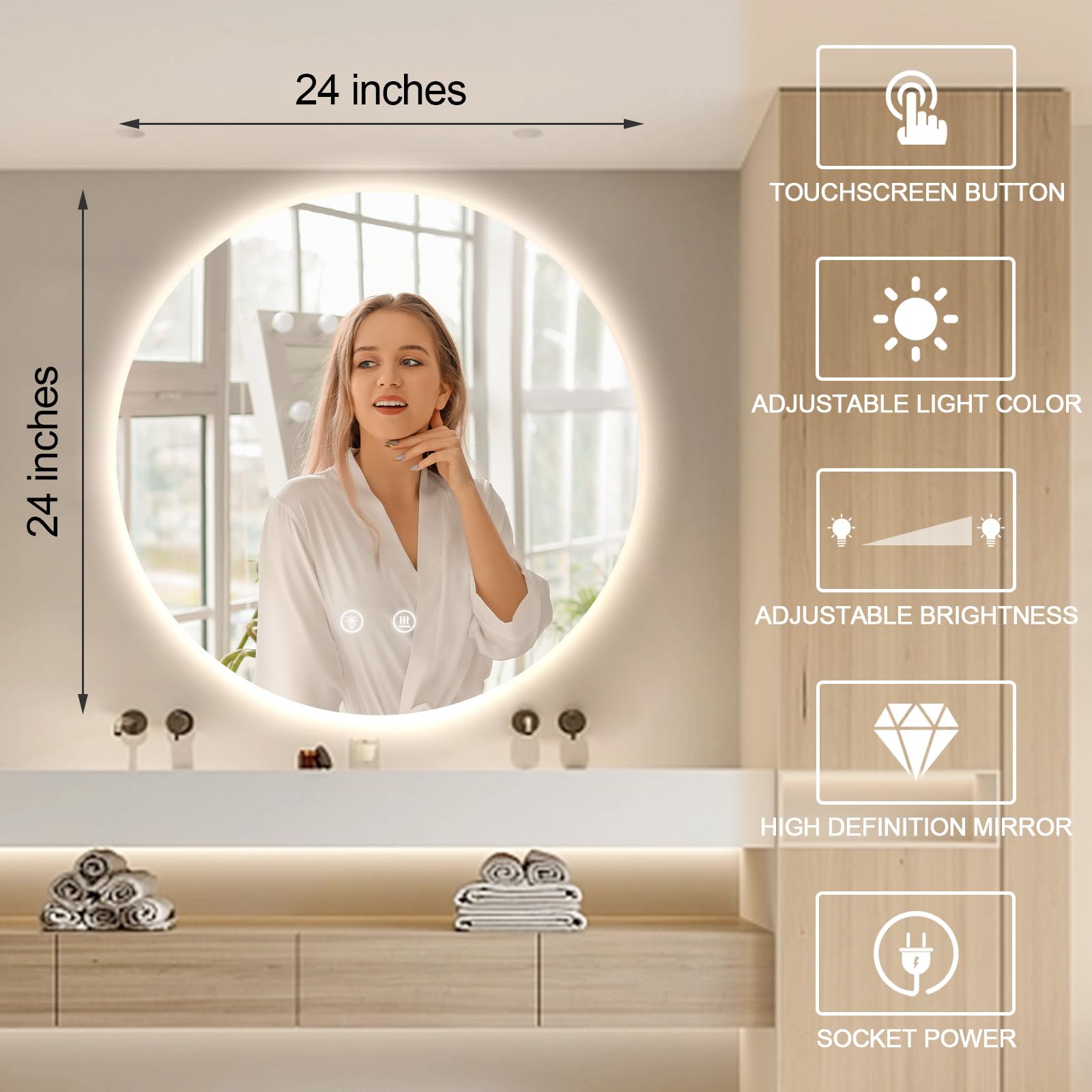 24 Inch LED Bathroom Mirror with Backlit Vanity Lights - Smart Dimmable Touch Control, 3 Color Temperature Modes, Shatter-Proof Round Design for Modern Bathrooms & Dressing Rooms