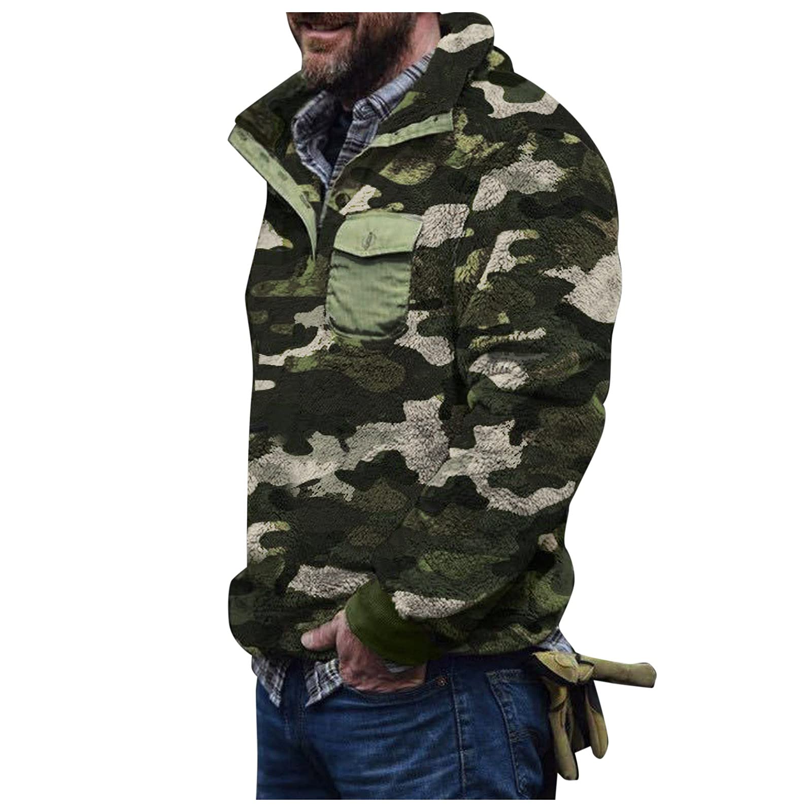 Men's Vintage Plush Turtleneck Pullover Sweater with Camouflage Print & Button Pocket - Cozy Winter Wear for Outdoor Activities & Casual Outfits