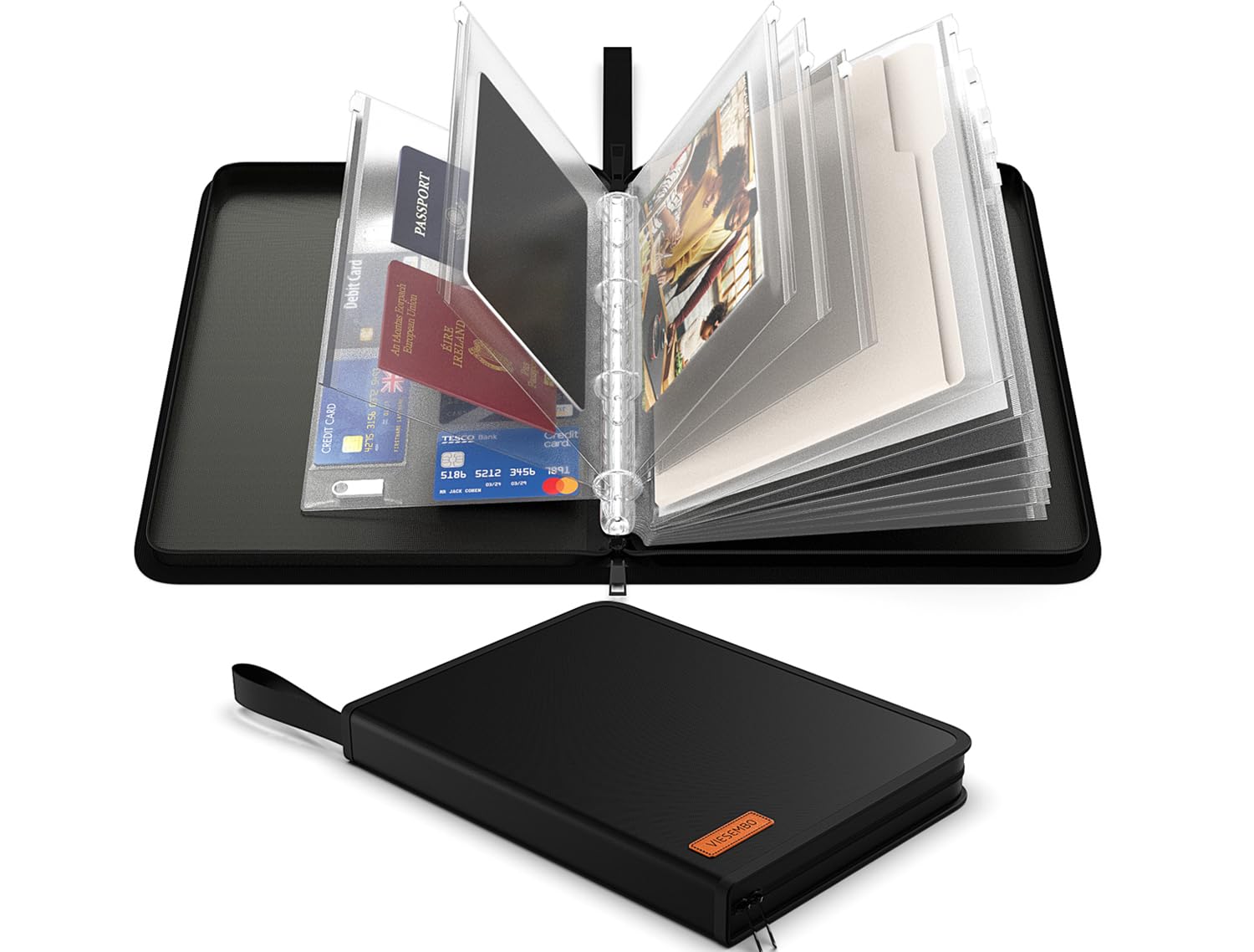 Fireproof Waterproof Document Organizer Binder - 4-Ring Zipper Portfolio for Birth Certificates, Bills & Receipts | Home Safe Storage & Emergency Preparedness for Important Papers (Black)