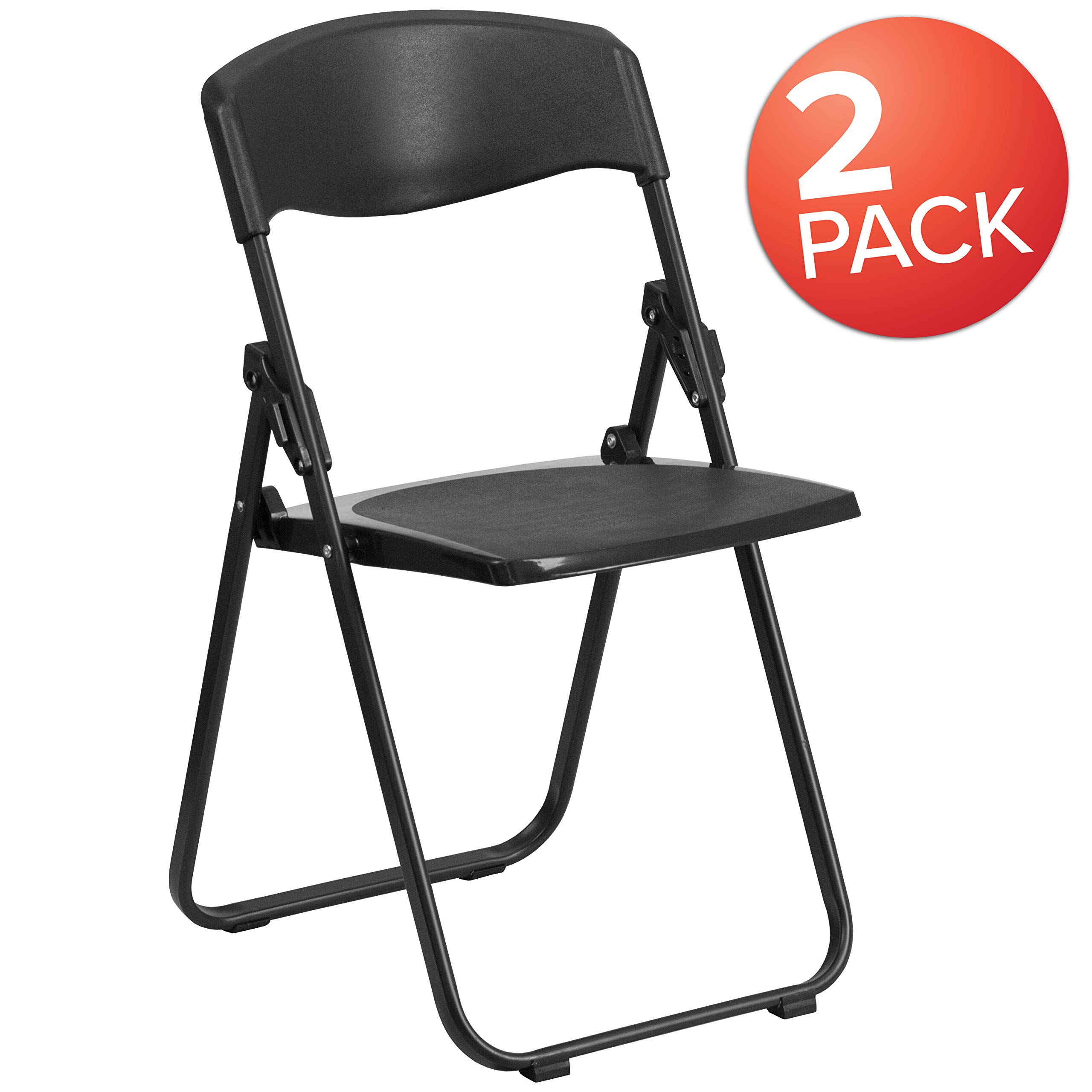 EMMA + OLIVER 2-Pack Black Plastic Folding Chairs with Built-in Ganging Brackets - Lightweight & Stackable for Outdoor Events, Parties, and Temporary Seating
