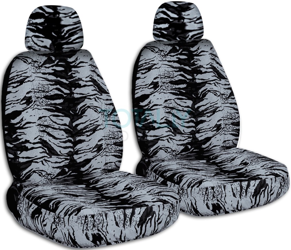 Premium Silver Snow Tiger Print Car Seat Covers - Universal Fit for Cars, Trucks, Vans, RVs & SUVs - Includes 2 Headrest Covers (30 Animal Prints Available) - Perfect for Road Trips, Daily Commutes & Vehicle Protection