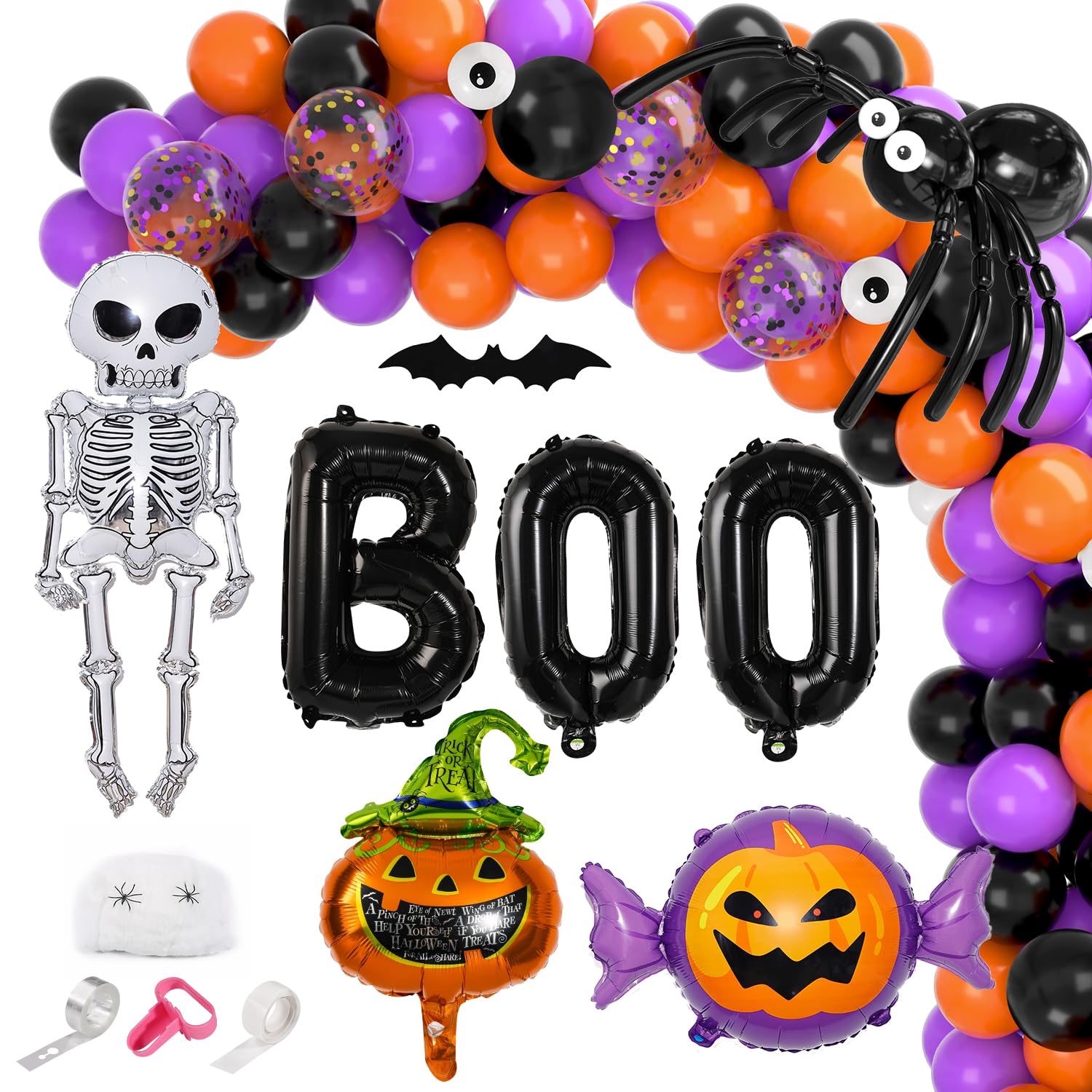 129pcs Halloween Balloons Garland Arch Kit - Black Orange Purple Balloon Decorations with Confetti, Pumpkin, Skeleton, Bat & Ghost Foil Balloons for Halloween Party Decor | Perfect for Birthday Parties, Home Decor & Spooky Event Backdrops