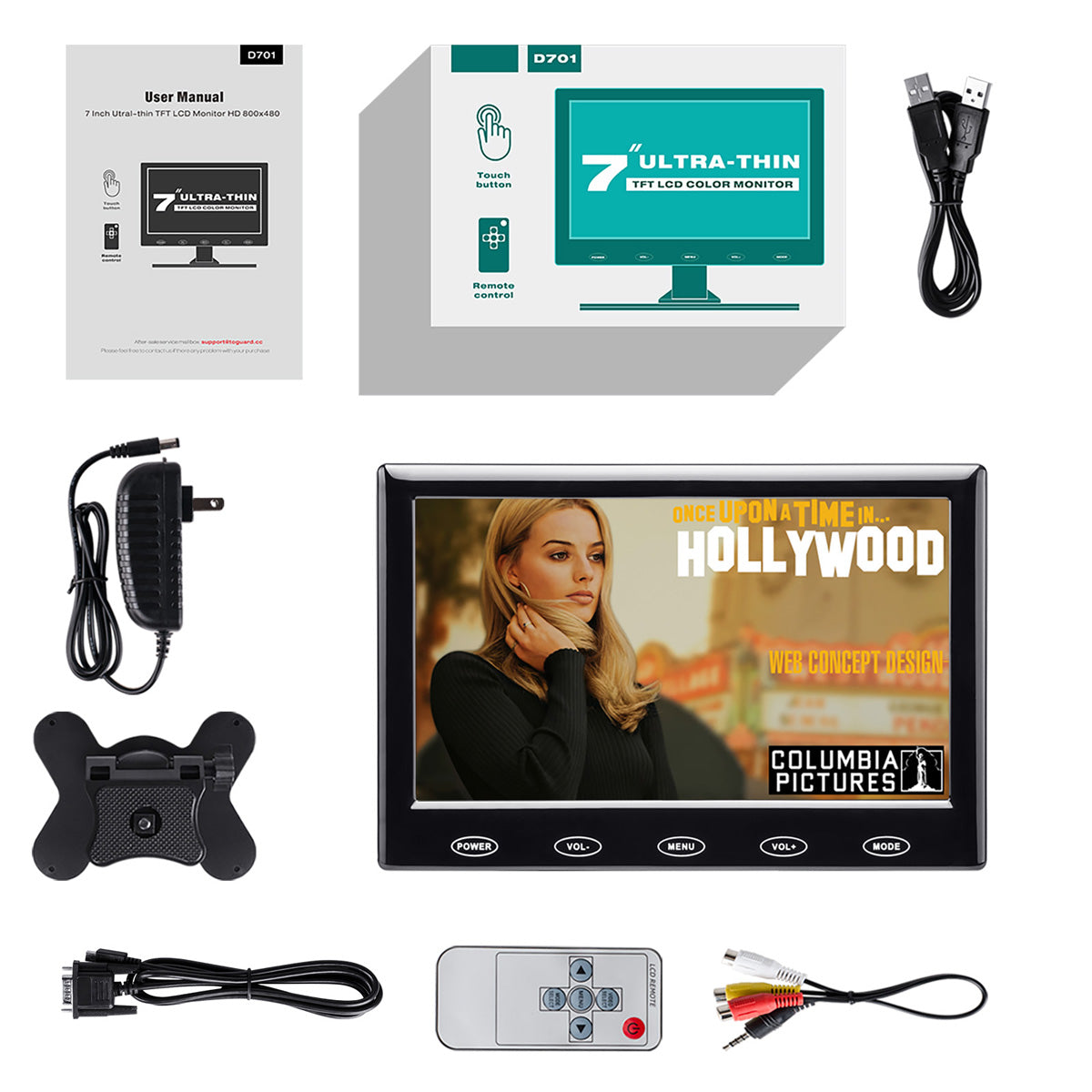 Campark D701 7-Inch 800x480 Resolution Security Monitor with VGA/AV/HDMI/USB Inputs - Ideal for Home Surveillance, CCTV Systems & Digital Signage Displays
