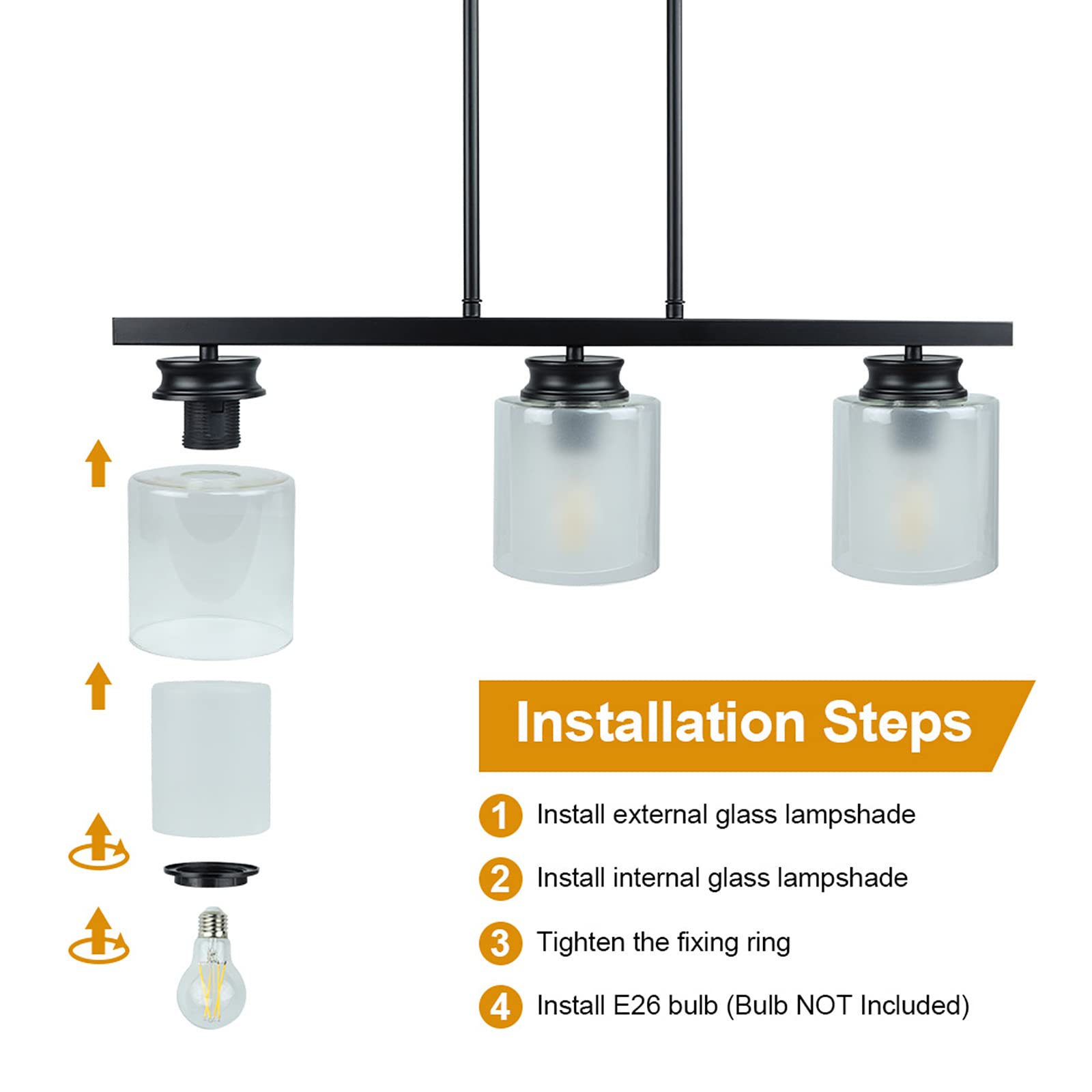 DLLT 3-Light Industrial Pendant Lighting Fixture - Metal Kitchen Island Hanging Light with Glass Shade, Farmhouse Flush Mount Ceiling Light for Dining Room, Foyer, Restaurant, Bar - E26 Base - Perfect for Modern Farmhouse Decor & Commercial Spaces