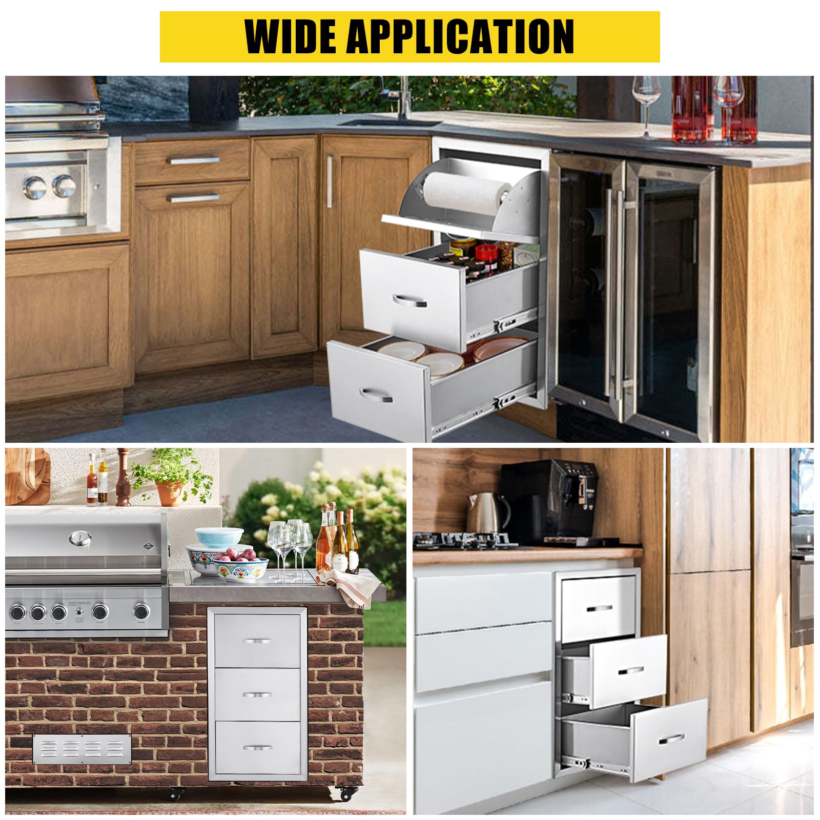 Stainless Steel Triple BBQ Drawers for Outdoor Kitchen Island - 17W x 30H x 21D Inch with Paper Towel Holder | Perfect for Grilling, Patio Cooking & Backyard Entertaining