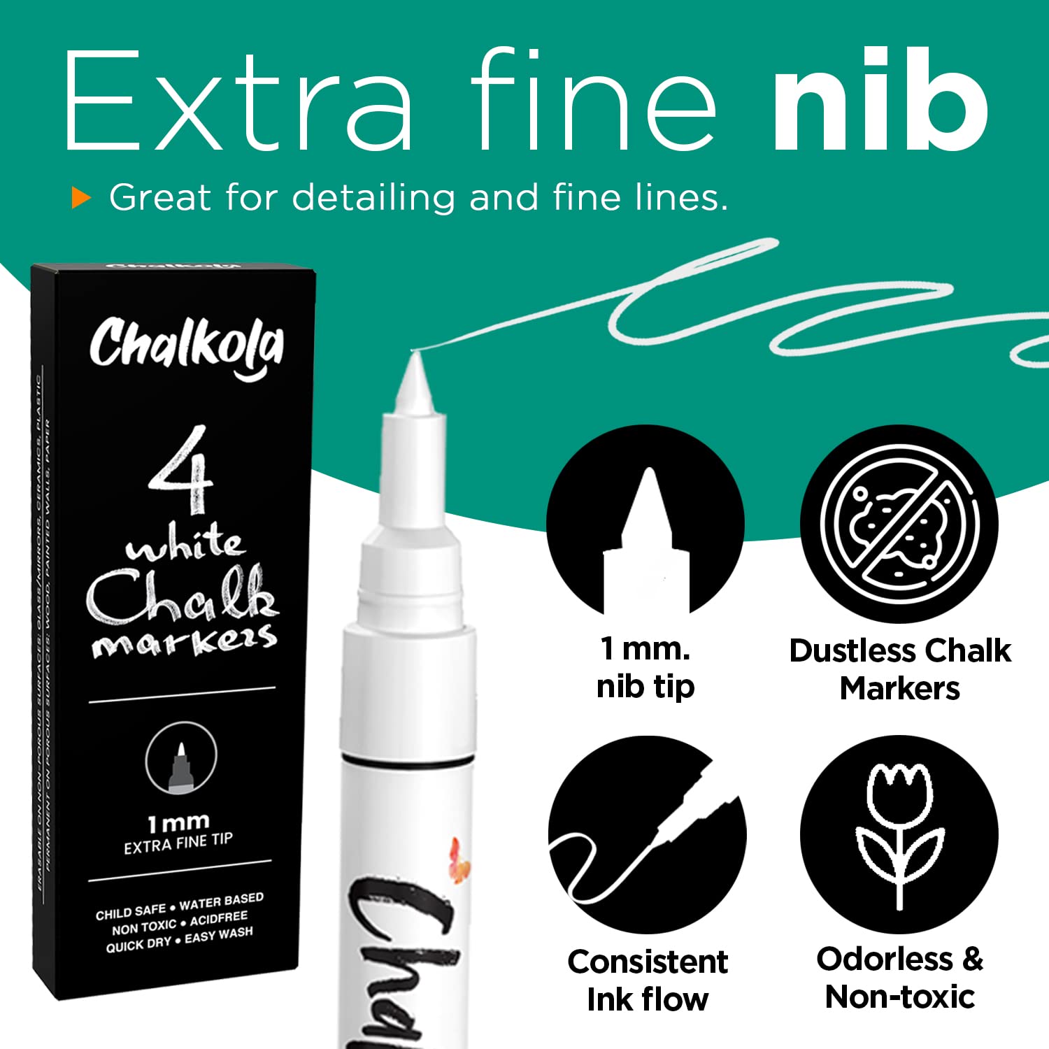 Extra Fine Tip White Chalk Markers (4 Pack 1mm Point) - Dry Erase Marker Pens for Blackboard, Chalkboard, Glass, Windows, Signs - Perfect for Restaurants, Cafes, Bistros, and Classroom Whiteboards