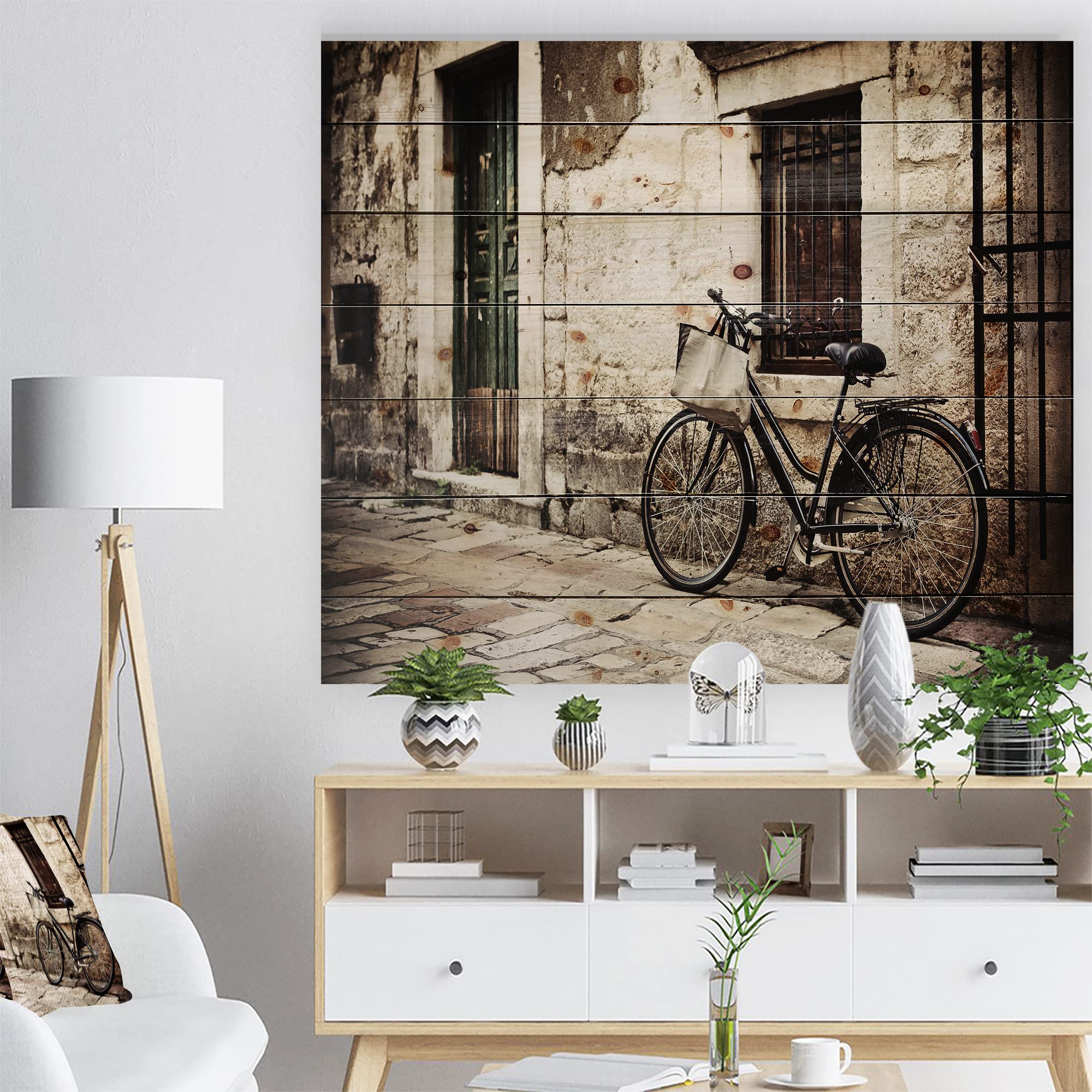 French Country Wood Wall Decor - Bicycle with Shopping Bag, Black Wood Wall Art, Large Landscape Wood Panels Printed on Natural Pine - Perfect for Living Room, Bedroom, or Kitchen Decor