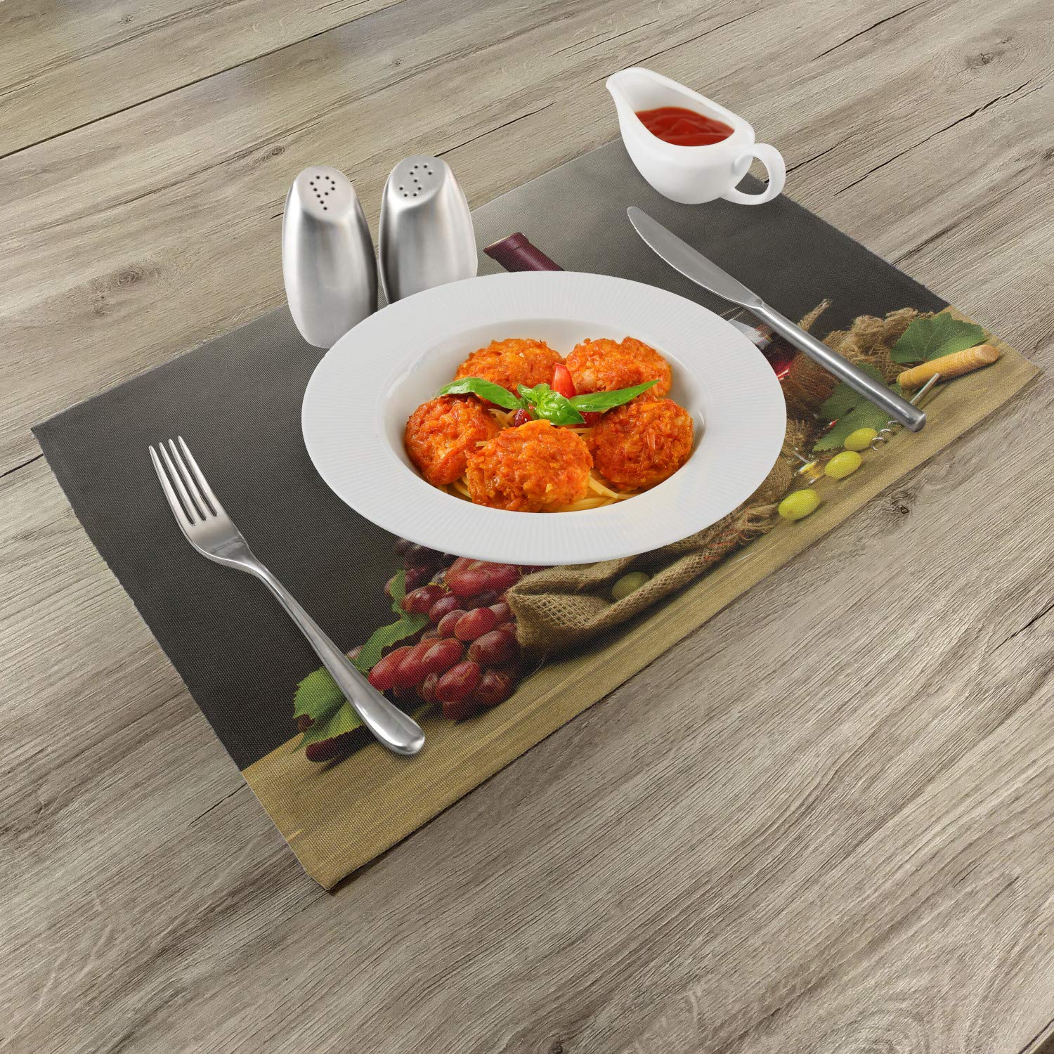 Ambesonne Winery Place Mats Set of 4 - Wine Bottle & Grape Design Washable Fabric Placemats for Dining Table - Standard Size Grey Taupe - Perfect for Dinner Parties, Wine Tasting Events & Home Decor