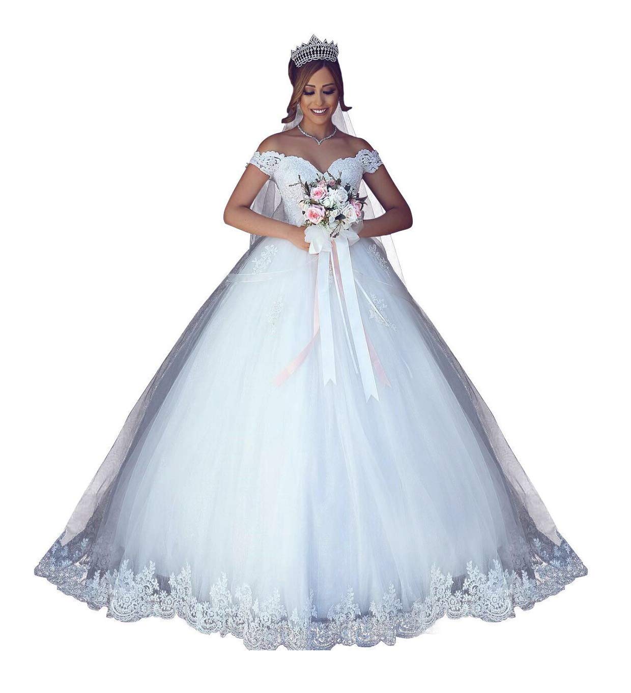 2021 White Princess Off-The-Shoulder Wedding Dress with Lace Applique - Elegant Bridal Ball Gown for Bride - Perfect for Beach Weddings, Church Ceremonies & Romantic Vows