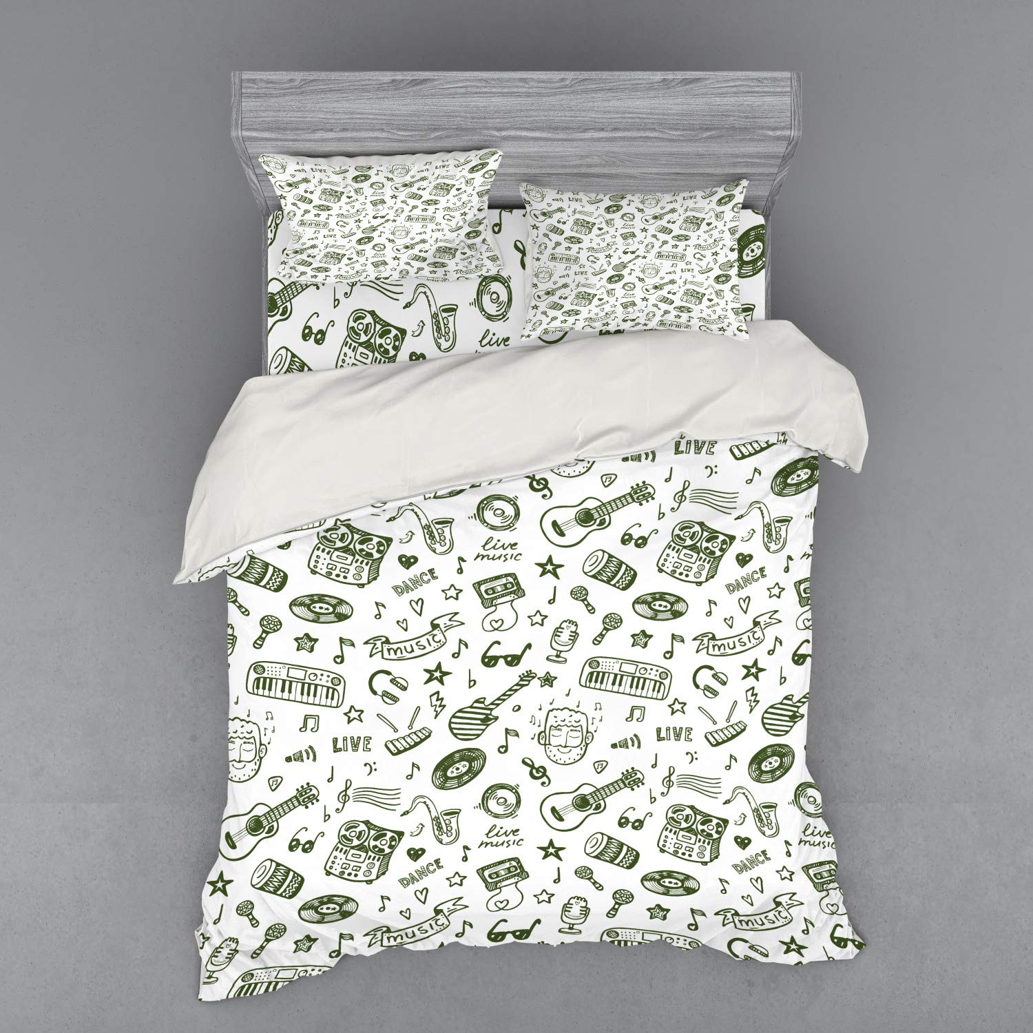 Ambesonne Hipster Duvet Cover Set - Hand Drawn Nostalgic Disco Dance Theme with Musical Instruments, 4-Piece Queen Size Bedding (Duvet Cover + 2 Shams + Fitted Sheet) in Olive Green & White | Perfect for Retro Themed Bedrooms, Music Lover Gifts & Unique Home Decor