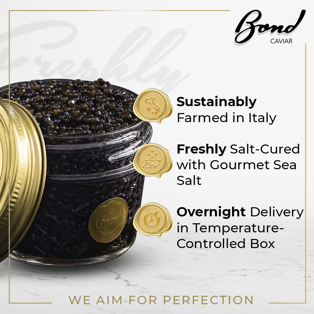 Premium Bond Beluga Hybrid Caviar - Gourmet Black Sturgeon Roe - Overnight Shipping - Luxury Gift for Special Occasions, Weddings & Fine Dining - Malossol Sea Salt Cured - Smooth Buttery Flavor - Grade 1 Caviar - 2oz (56g) Tin - Perfect for Canapés, Blinis & Champagne Pairings
