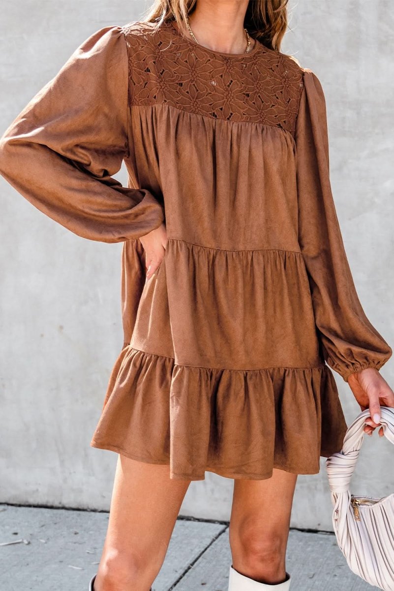 Elegant Floral Lace Crochet Tiered Ruffled Mini Dress for Women - Perfect for Summer Weddings, Beach Vacations & Date Nights