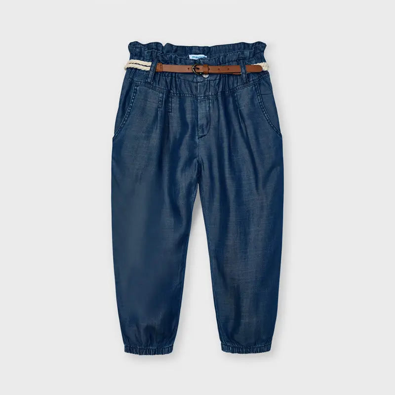 Girl's Long Pants with Adjustable Belt - Comfortable Indigo Denim for School, Play & Everyday Wear