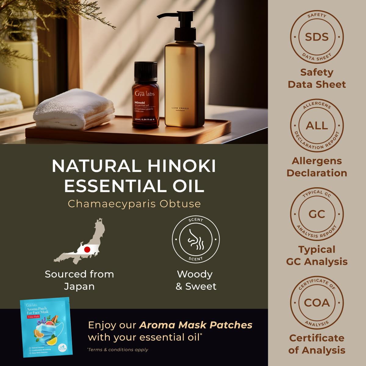 Gya Labs 100% Pure Natural Hinoki Essential Oil - 0.34 Fl Oz for Diffuser, Aromatherapy, Skin & Hair Care, Massage, DIY Candle Making - Relaxing Scent for Spa, Yoga & Home Fragrance