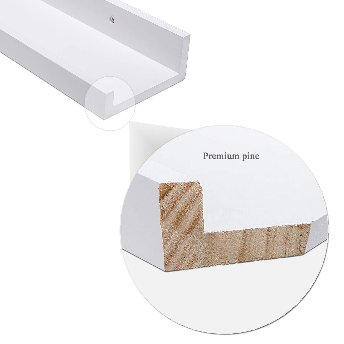 AZSKY 48 Inch White Floating Picture Ledge Shelf - Set of 2 Wall Mounted Shelves for Photo Frames & Decor - Pine Wood Narrow Display Ledge with Mounting Hardware Included - Perfect for Living Room, Bedroom & Office Wall Organization