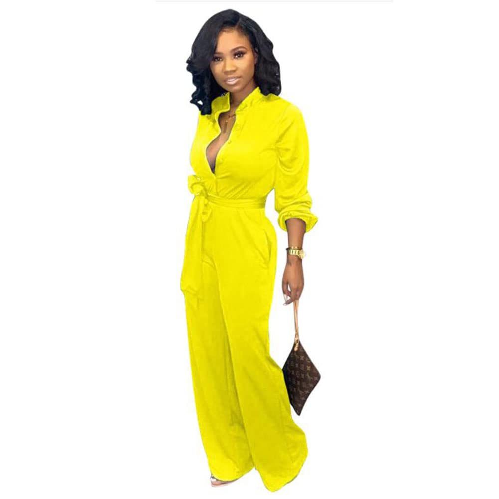 Elegant Women's Jumpsuits with Long Sleeves, V Neck & Wide Leg Pants - Sexy Casual Outfit with Pockets & Belt for Work, Party & Date Night