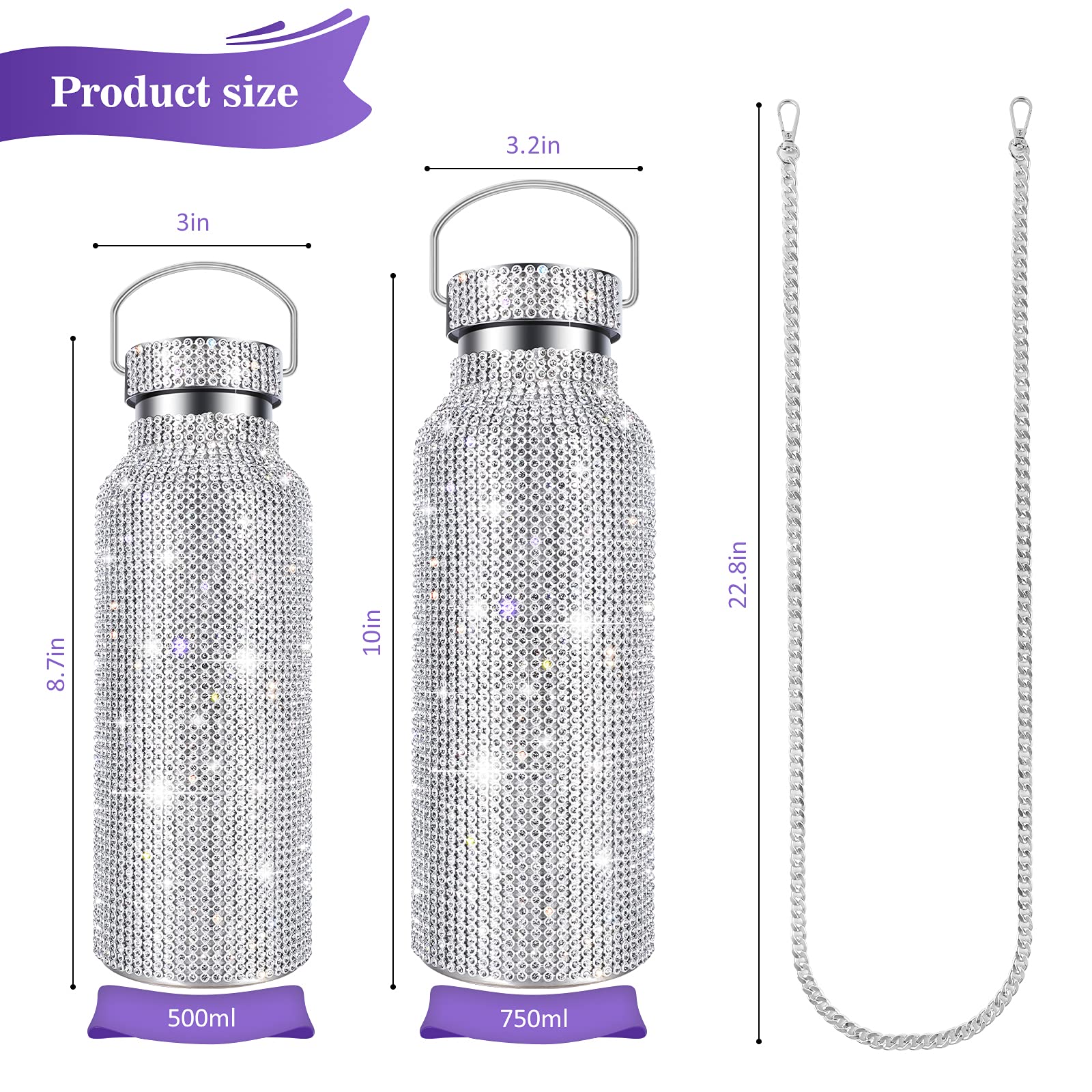 MAIPOR Bling Diamond Insulated Water Bottle 750ML - Premium Stainless Steel Vacuum Flask with Rhinestones, Leak-Proof Design & Chain - Perfect for Gym, Office, Travel & Outdoor Activities (Silver)
